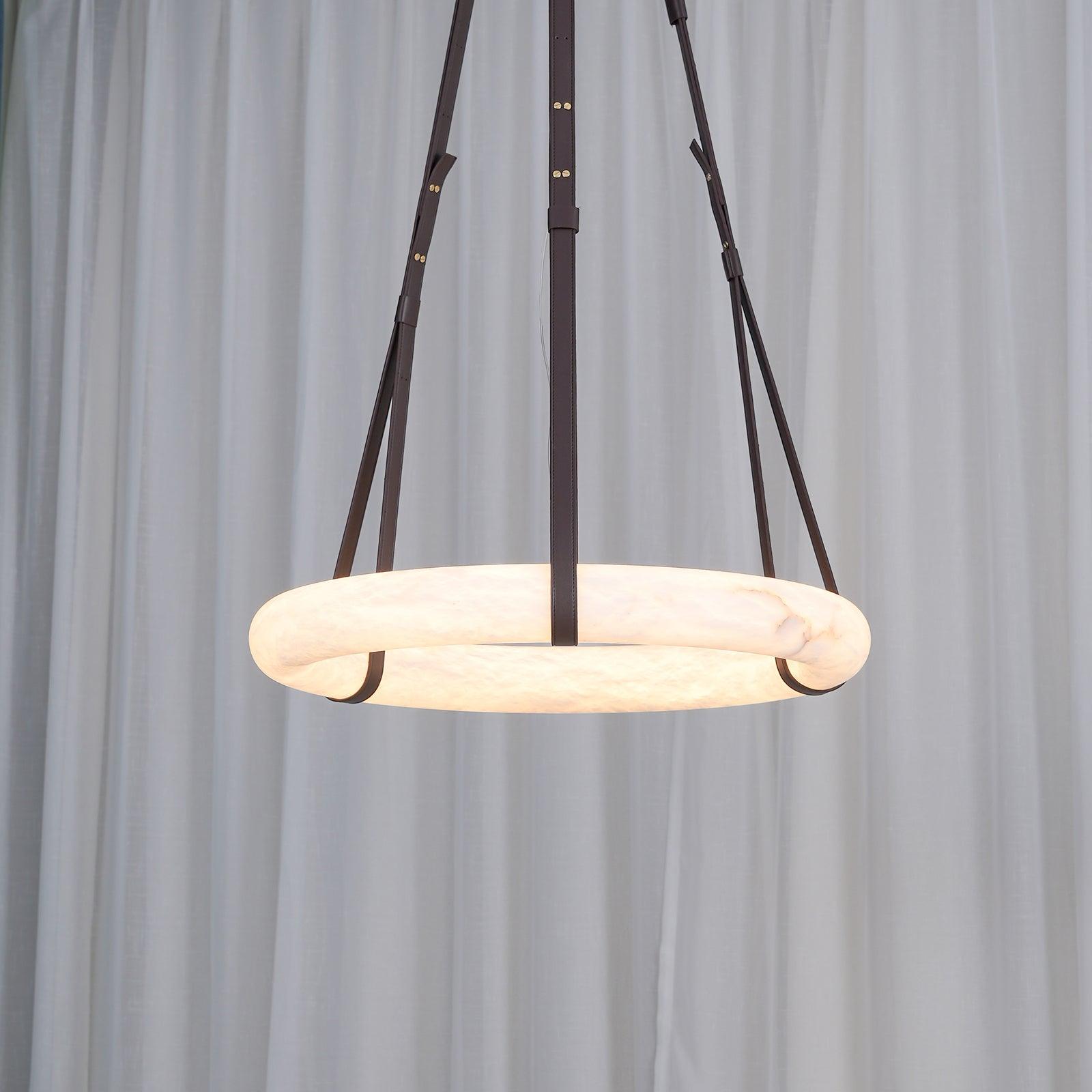 Pendant Lamp Alabaster Ring Triple Leather Straps Nordic Luxe - Letslighting