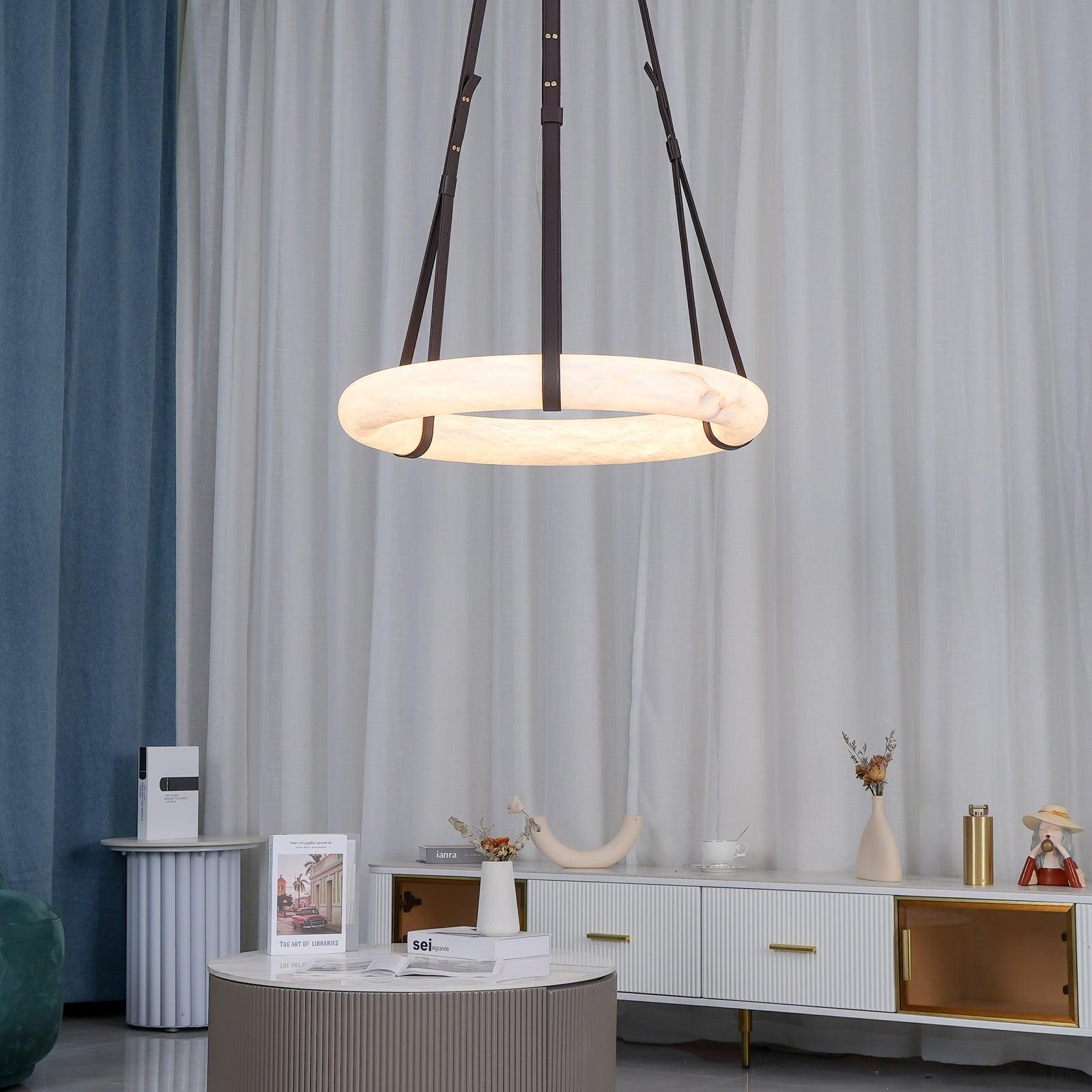 Pendant Lamp Alabaster Ring Triple Leather Straps Nordic Luxe - Letslighting