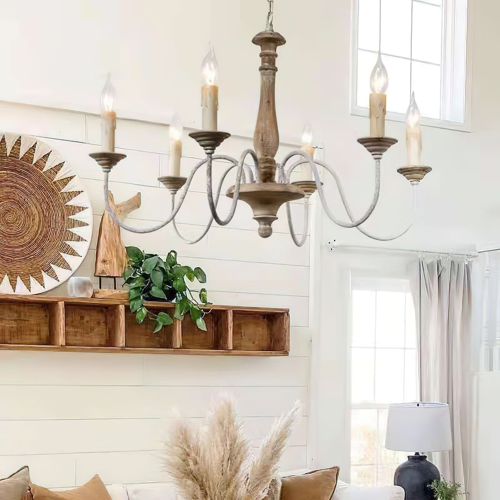 Syshaeth Vintage Industrial Hand-carved Wood Chandelier - Lamp Copper