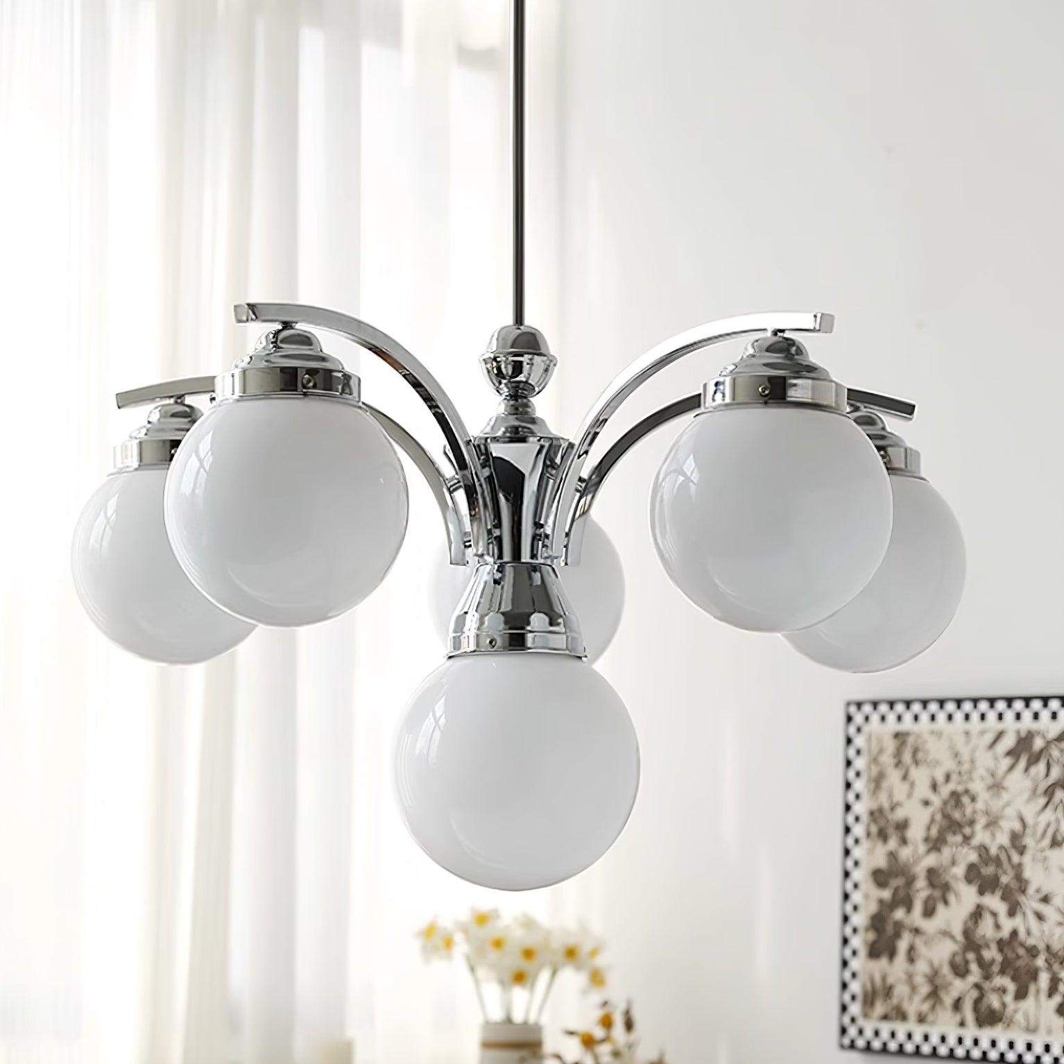 Salamanca Chandelier Pink Glass Globes Chrome Arcs Stylish - Letslighting