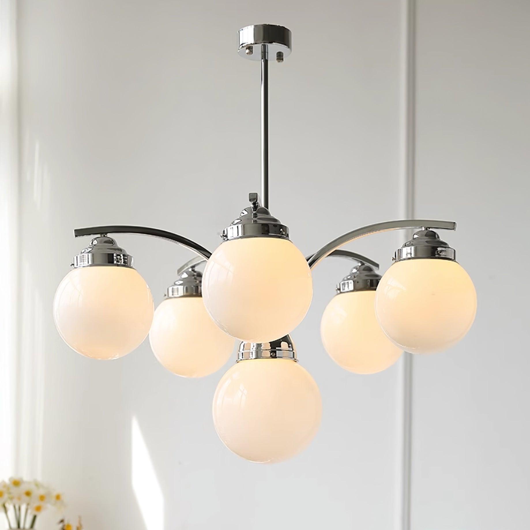 Salamanca Chandelier Pink Glass Globes Chrome Arcs Stylish - Letslighting