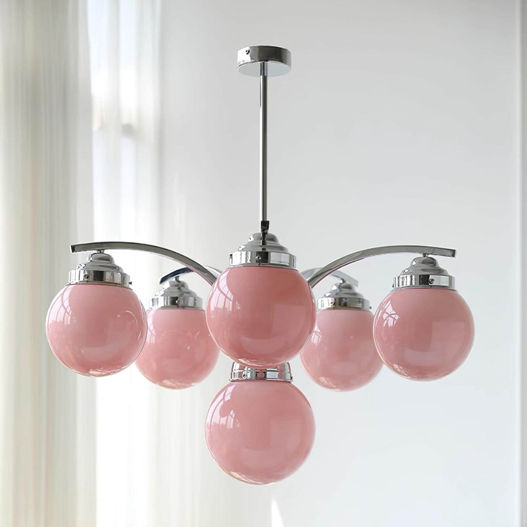 Salamanca Chandelier Pink Glass Globes Chrome Arcs Stylish - Letslighting