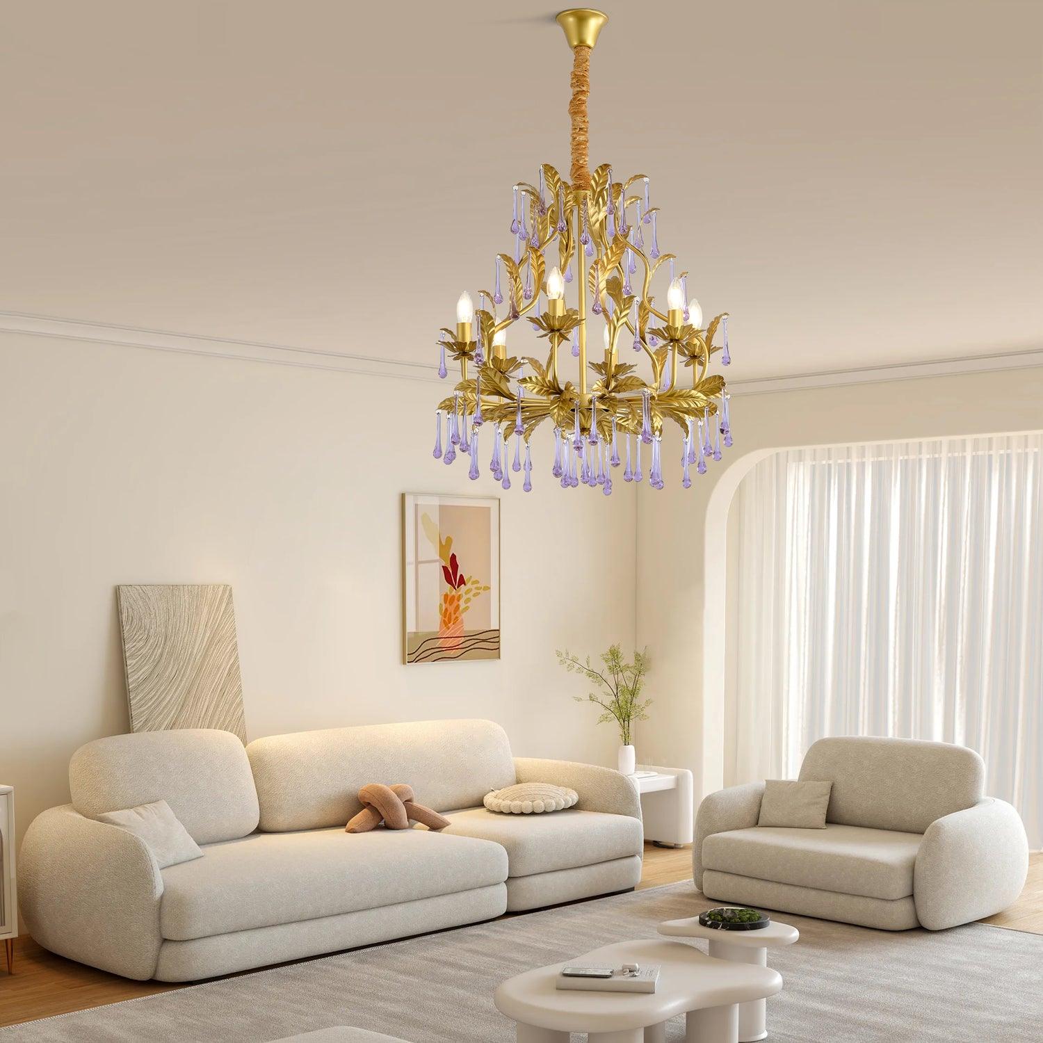 Purple Murano Chandelier Gold Leaves Crystal Elegance - Letslighting