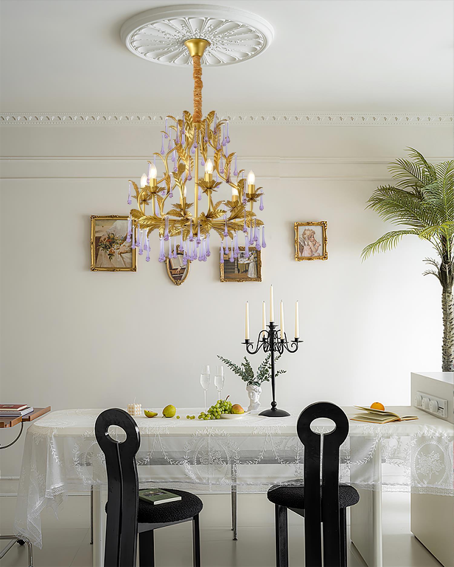 Purple Murano Chandelier Gold Leaves Crystal Elegance - Letslighting