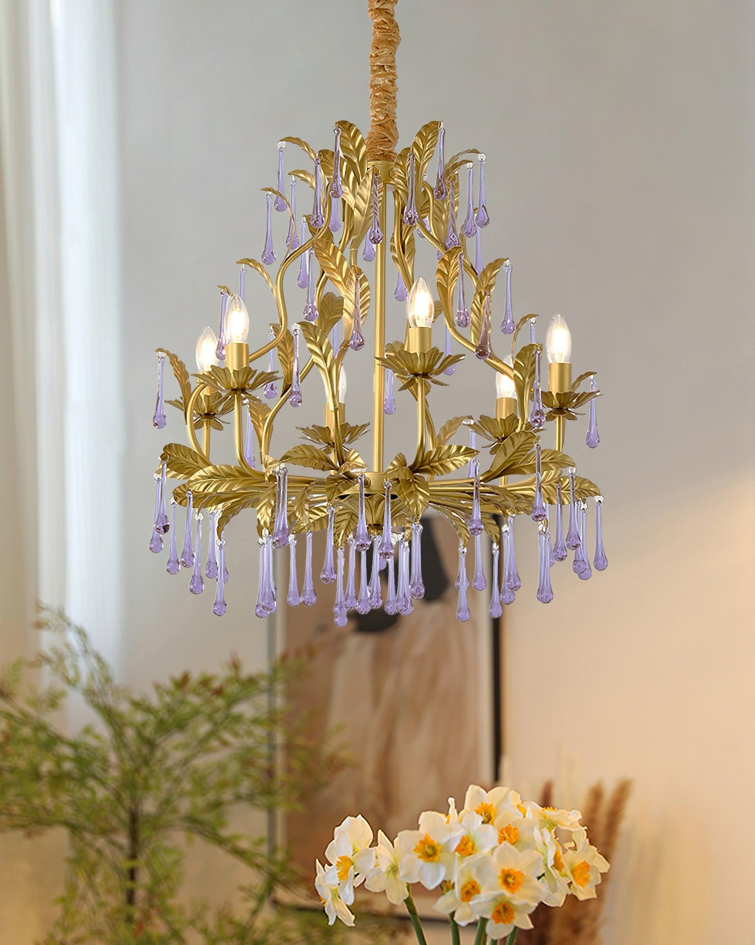 Purple Murano Chandelier Gold Leaves Crystal Elegance - Letslighting