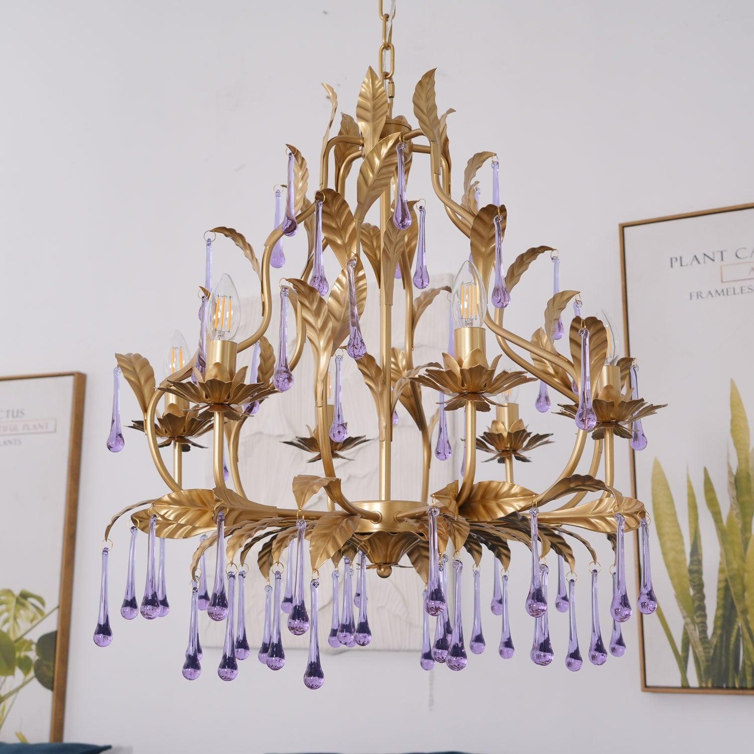 Purple Murano Chandelier Gold Leaves Crystal Elegance - Letslighting
