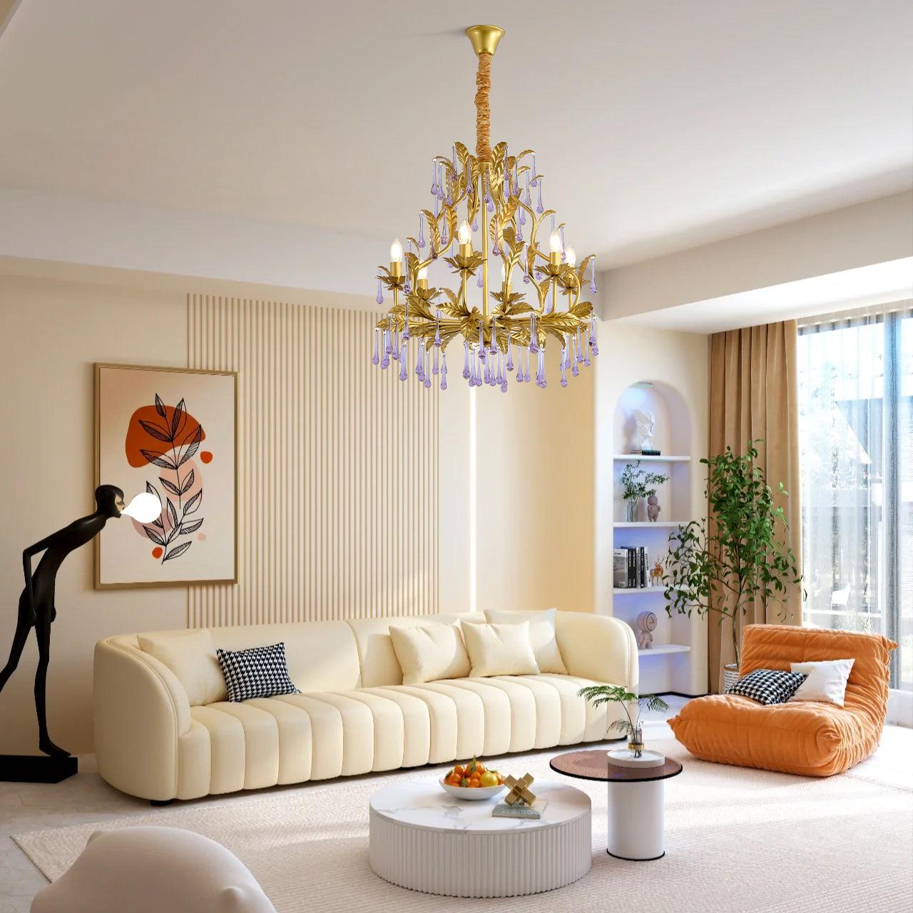 Purple Murano Chandelier Gold Leaves Crystal Elegance - Letslighting
