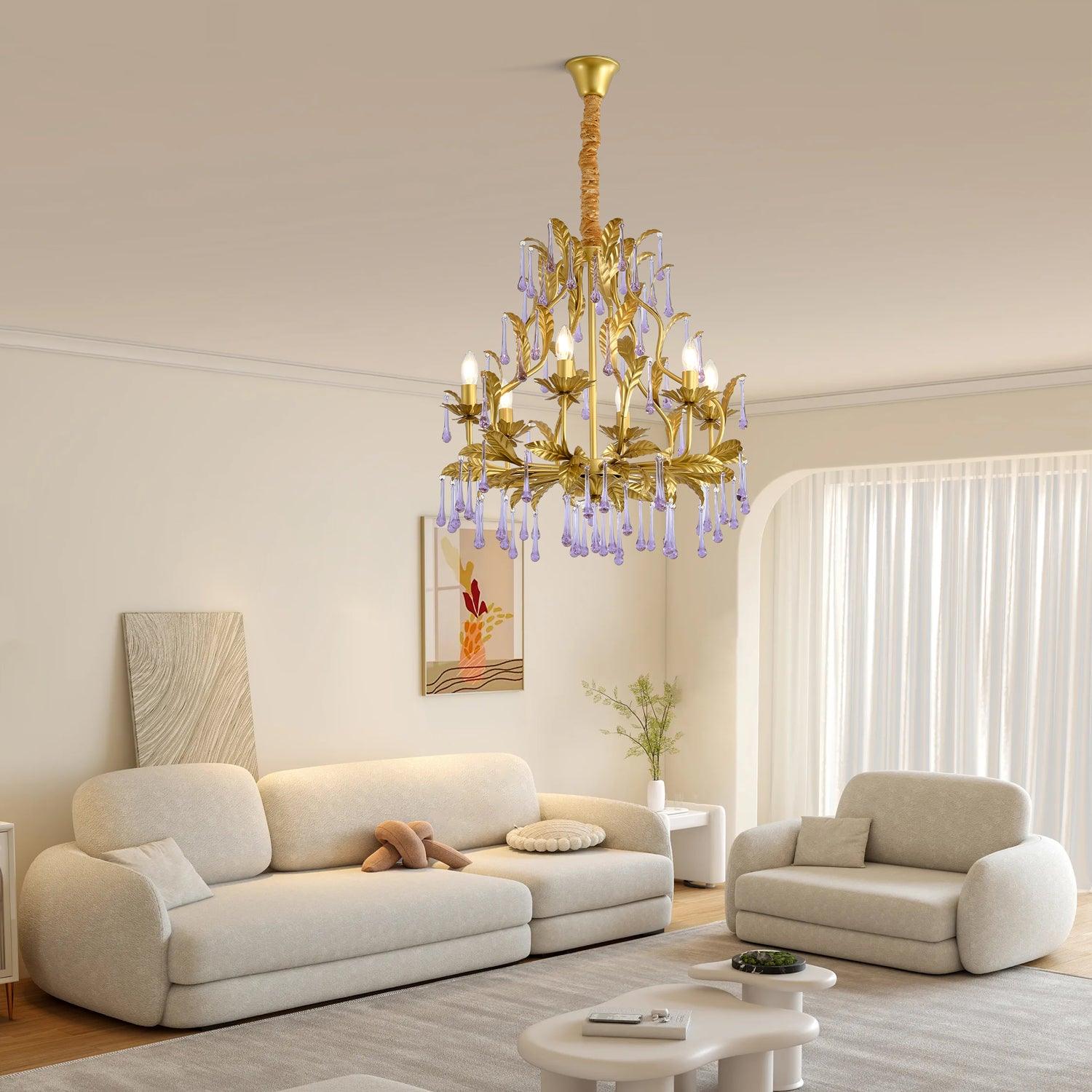 Purple Murano Chandelier Gold Leaves Crystal Elegance - Letslighting