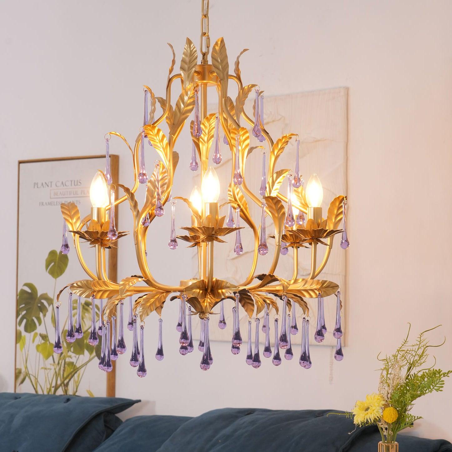Purple Murano Chandelier Gold Leaves Crystal Elegance - Letslighting