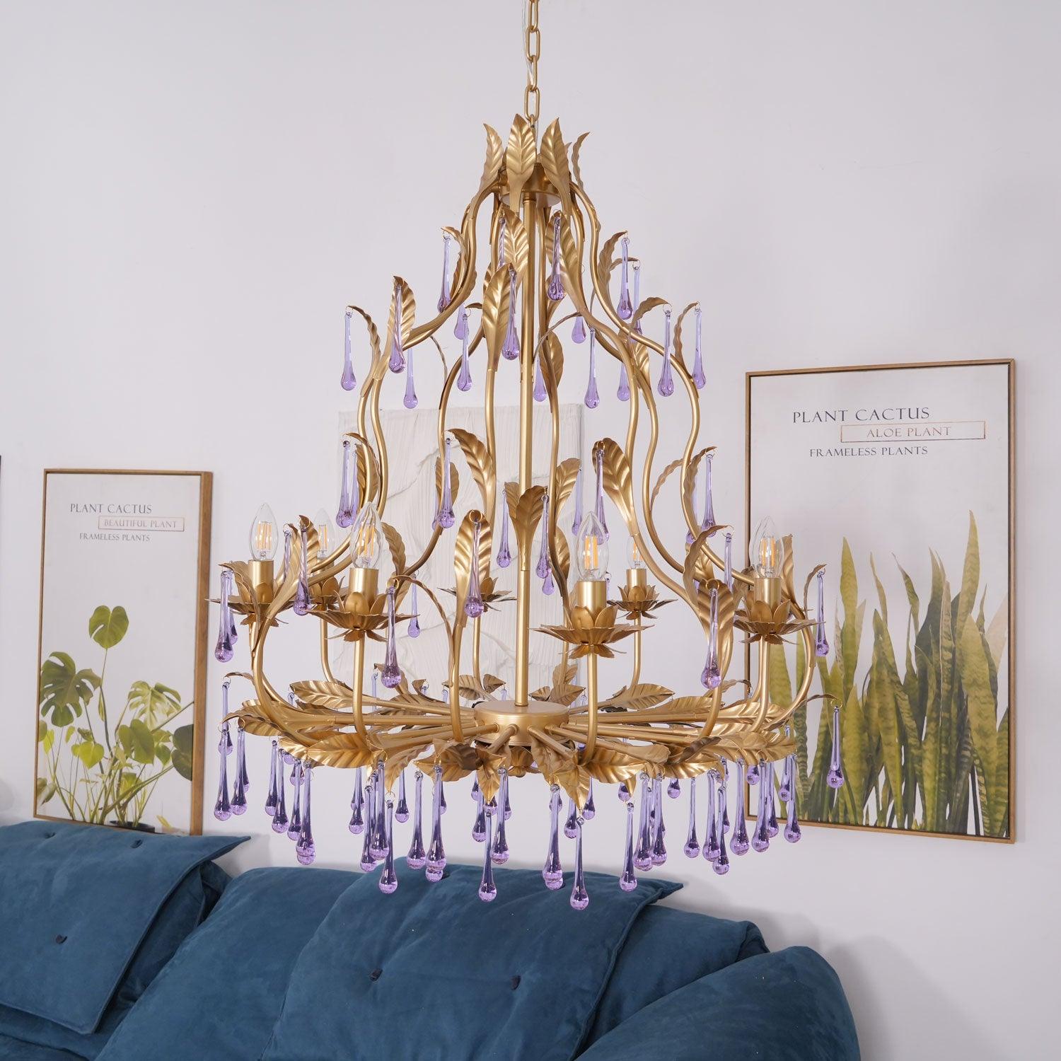 Purple Murano Chandelier Gold Leaves Crystal Elegance - Letslighting
