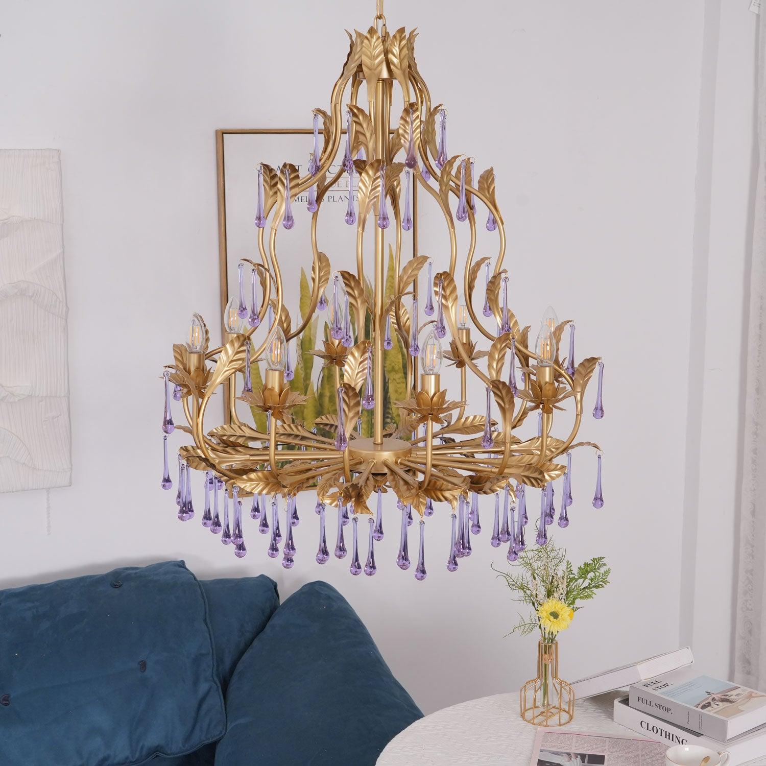 Purple Murano Chandelier Gold Leaves Crystal Elegance - Letslighting
