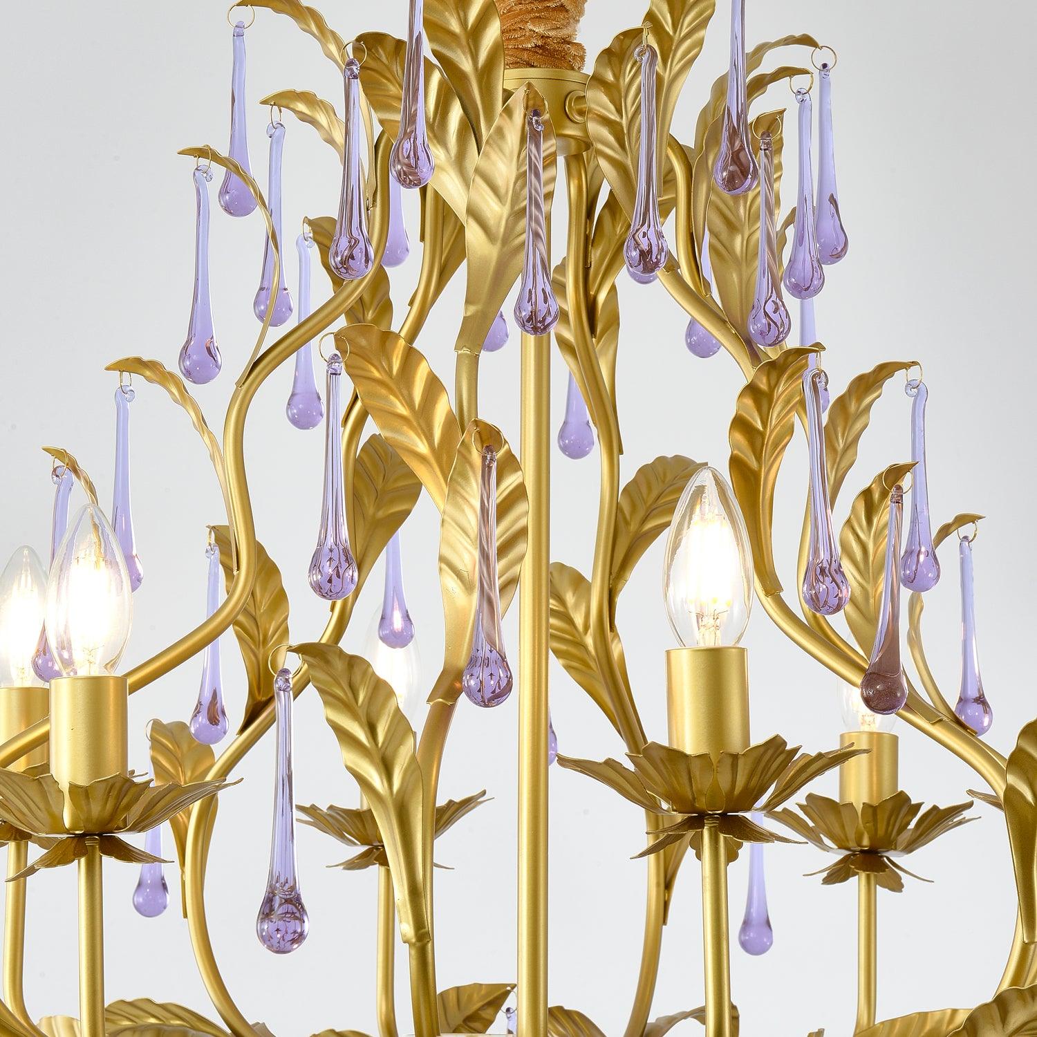 Purple Murano Chandelier Gold Leaves Crystal Elegance - Letslighting