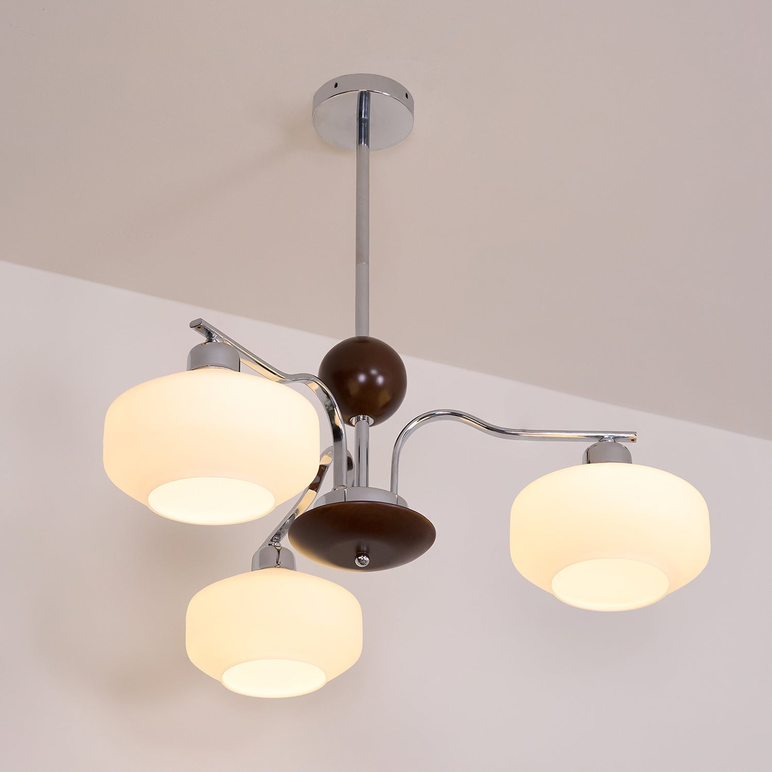 Chandelier White Glass Shades Chrome Walnut Arms Retro - Letslighting
