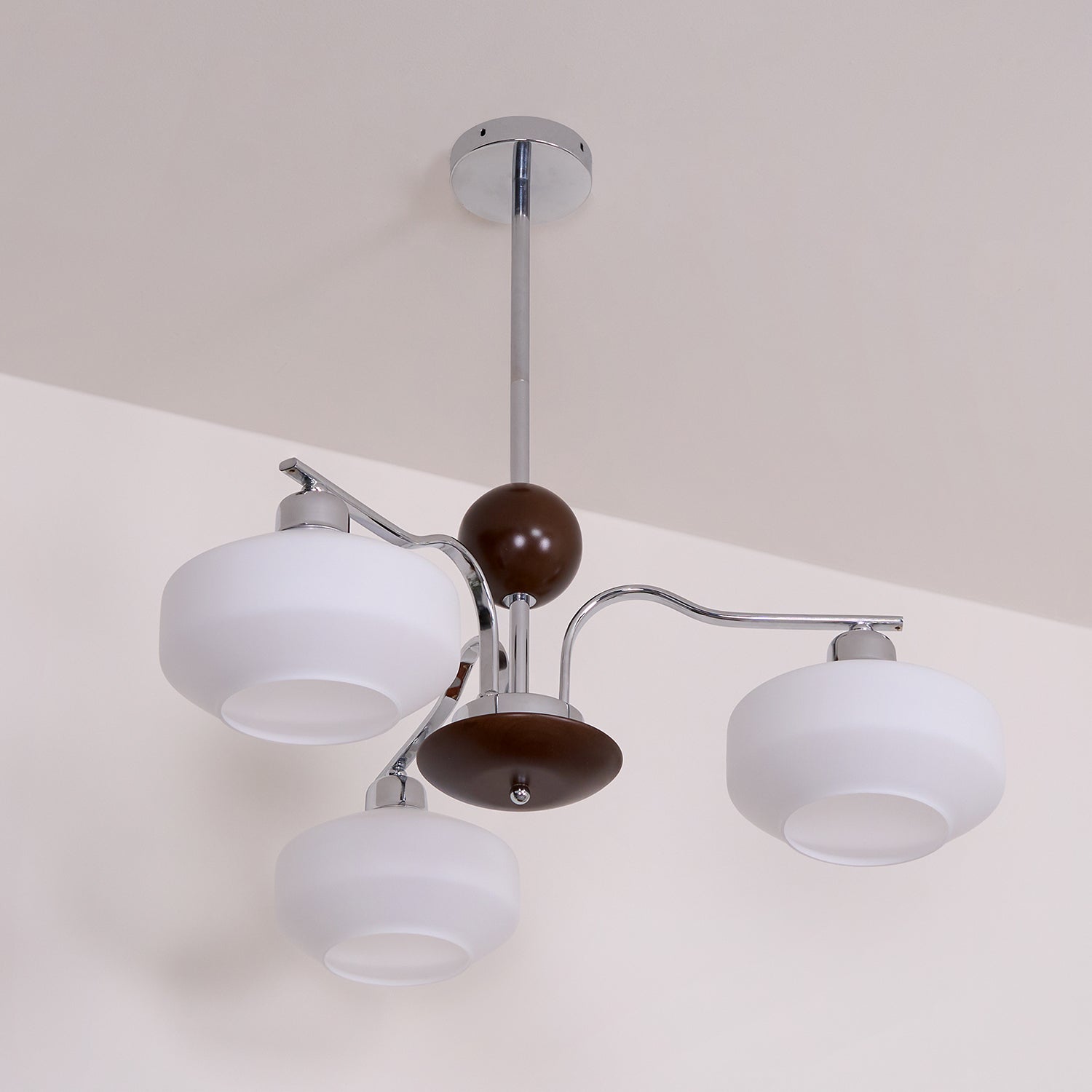 Chandelier White Glass Shades Chrome Walnut Arms Retro - Letslighting