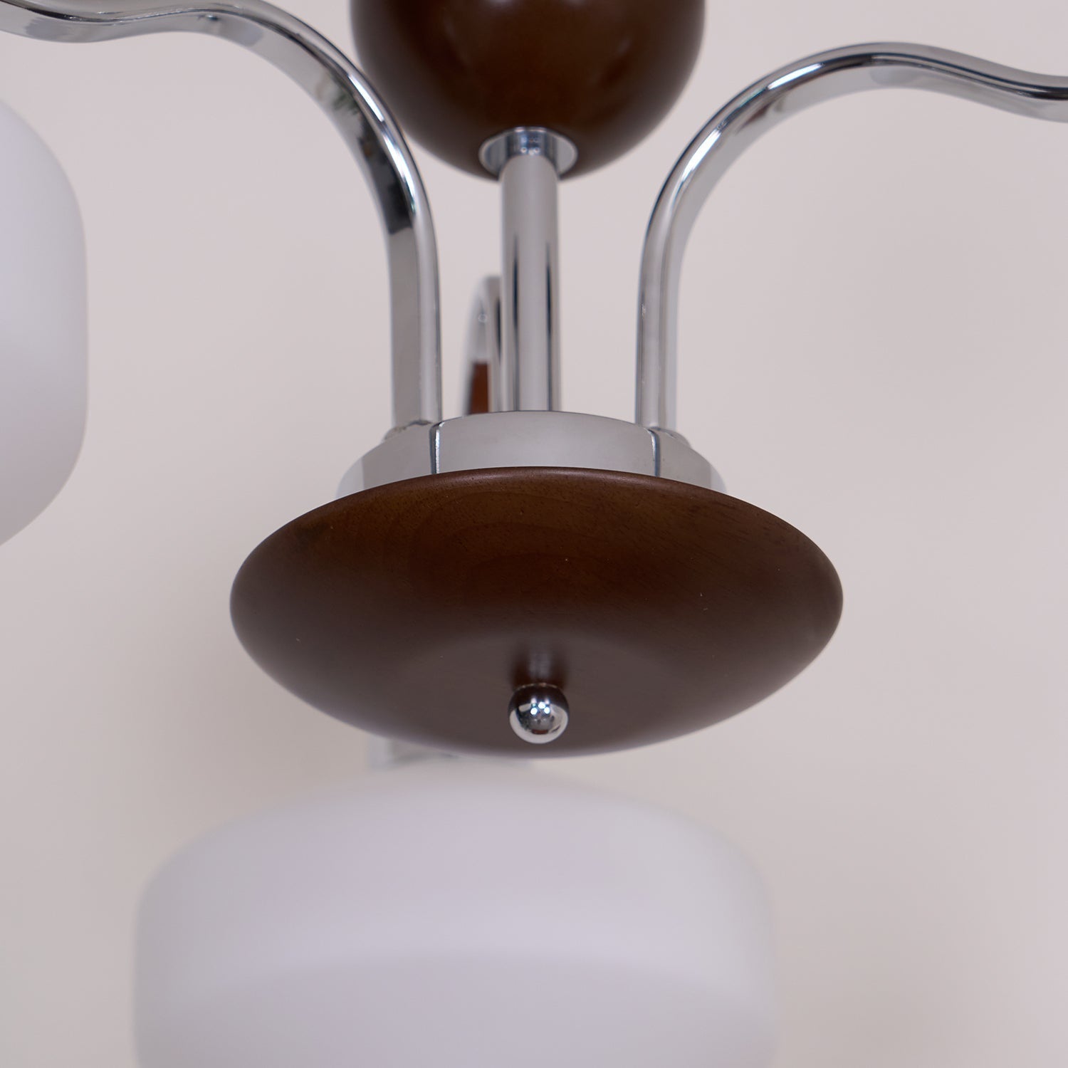 Chandelier White Glass Shades Chrome Walnut Arms Retro - Letslighting