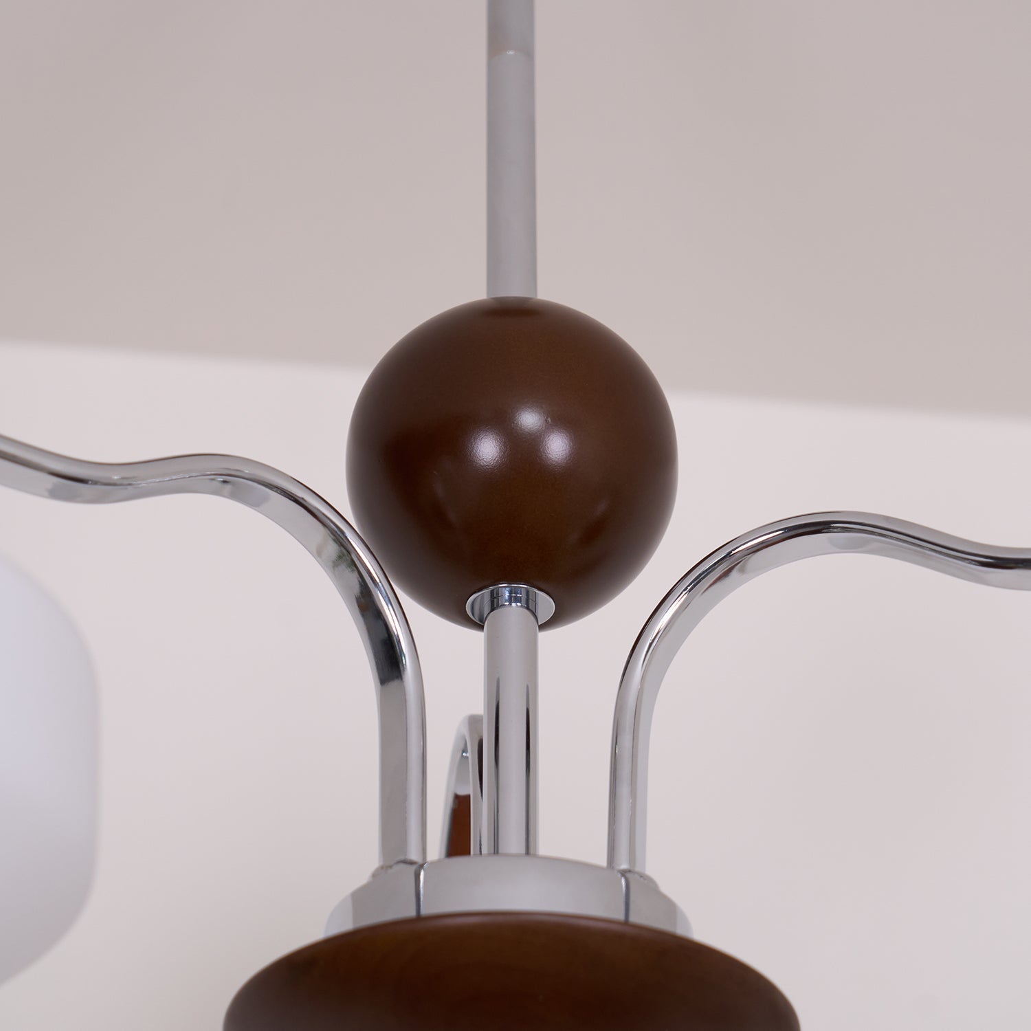 Chandelier White Glass Shades Chrome Walnut Arms Retro - Letslighting