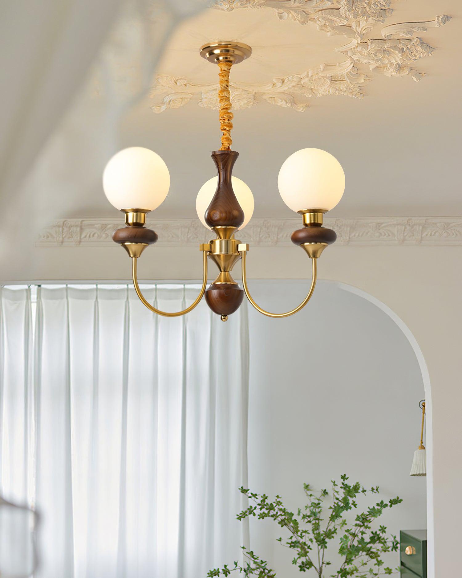 Chandelier Brass Curved Arms Walnut Vintage Elegant - Letslighting