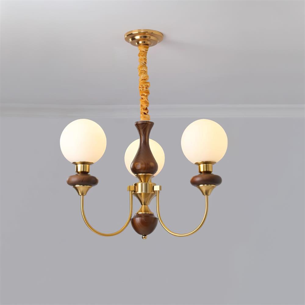 Chandelier Brass Curved Arms Walnut Vintage Elegant - Letslighting