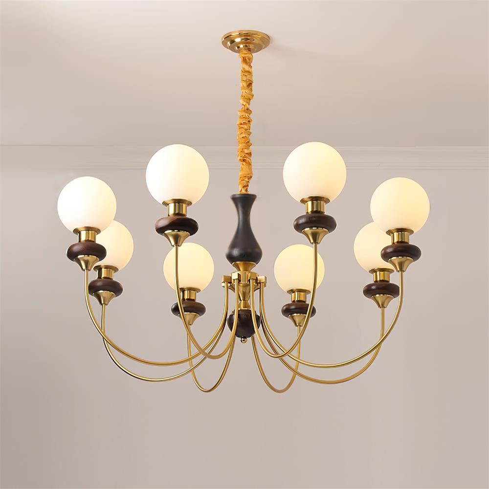 Chandelier Brass Curved Arms Walnut Vintage Elegant - Letslighting