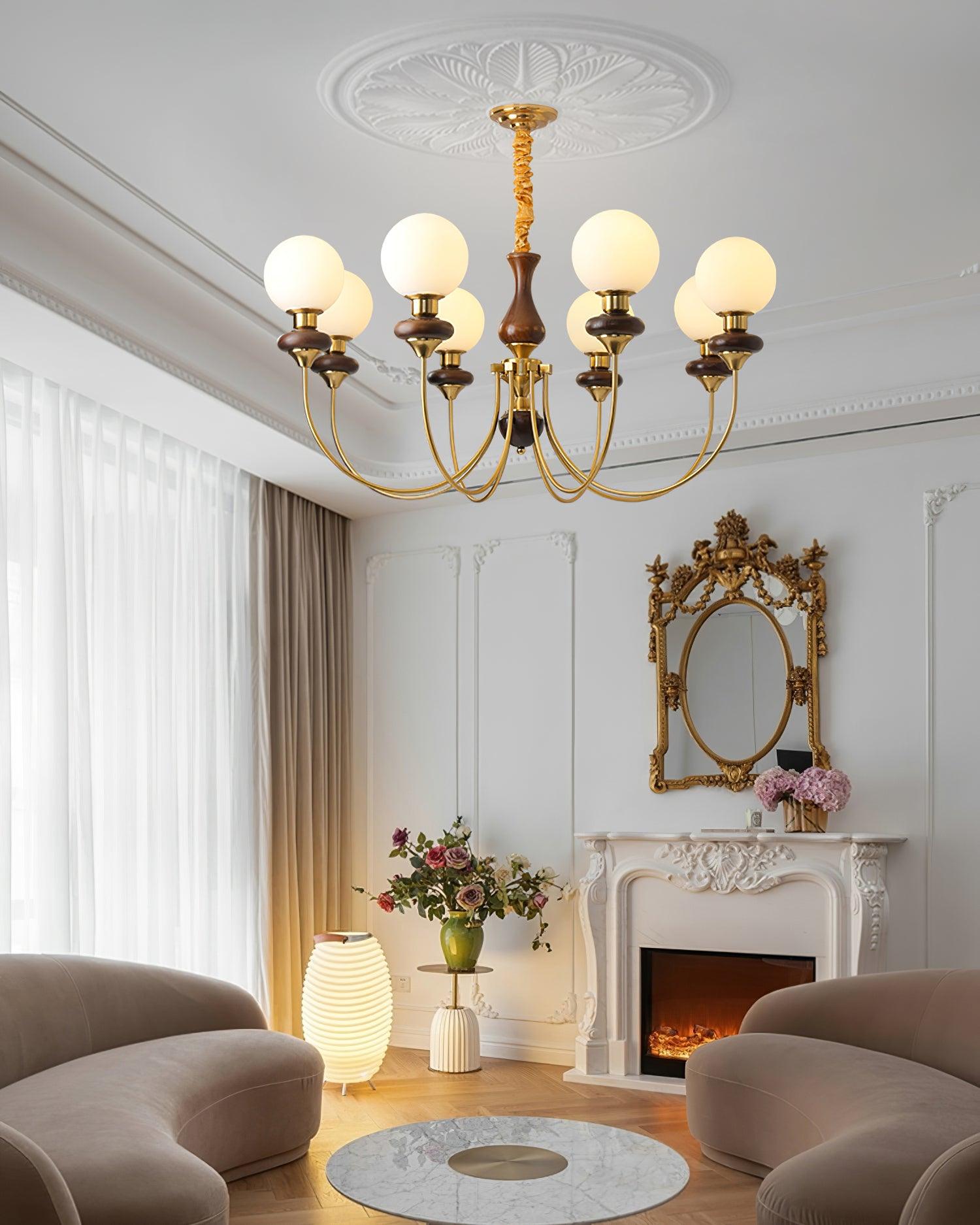 Chandelier Brass Curved Arms Walnut Vintage Elegant - Letslighting