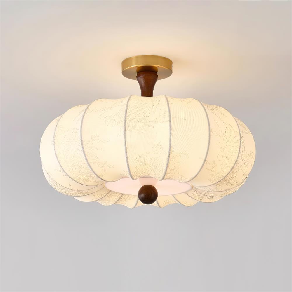 Ceiling Light Scalloped Fabric Shade Walnut Wood Canopy Vintage - Letslighting