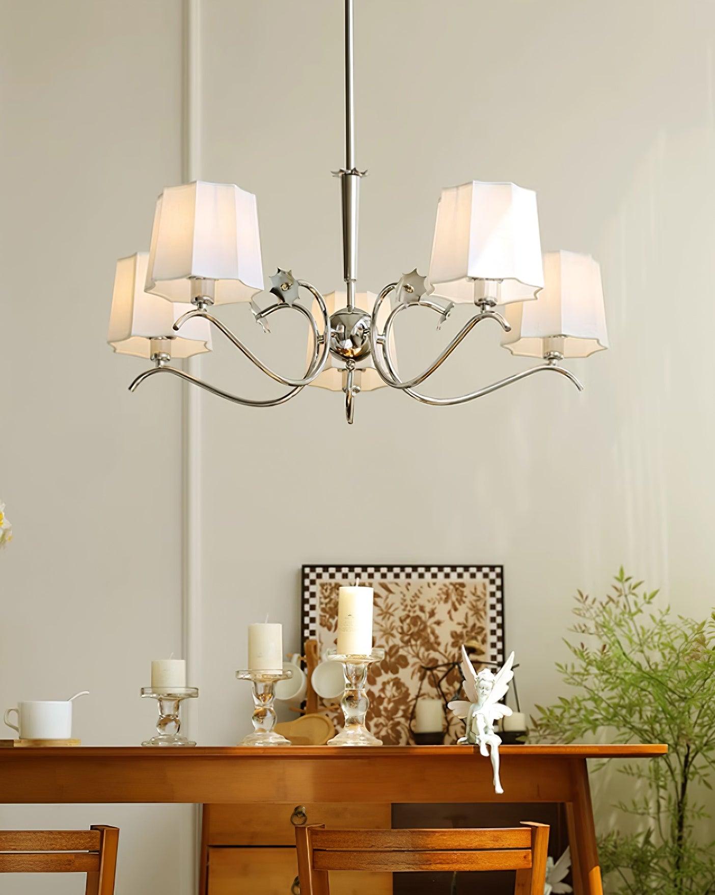 Rockville Chandelier Fabric Shades Nickel Curved Arms Elegant - Letslighting