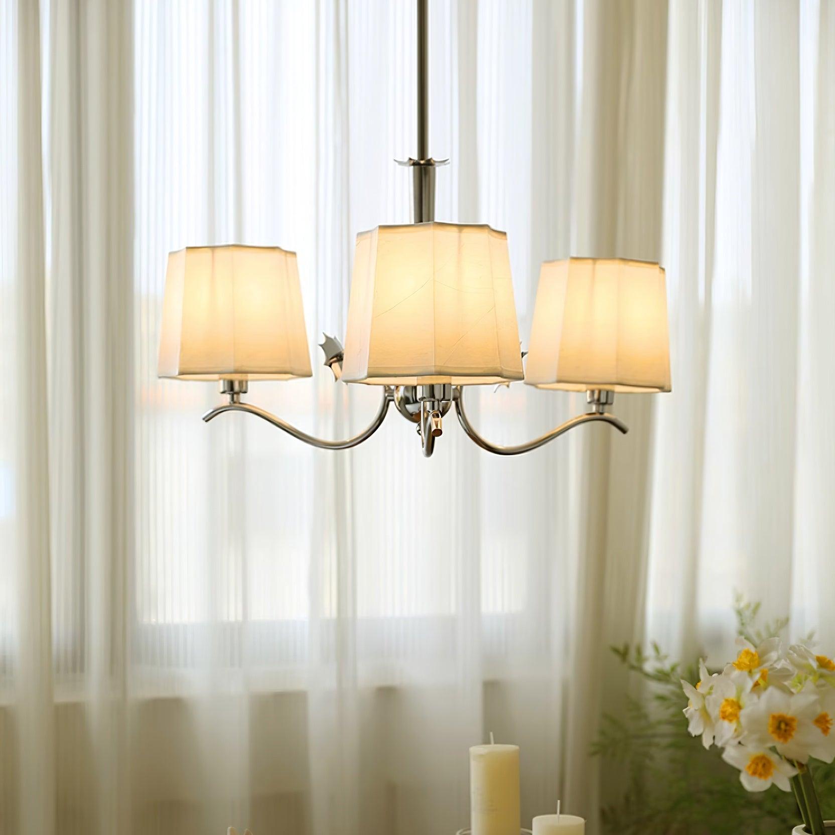 Rockville Chandelier Fabric Shades Nickel Curved Arms Elegant - Letslighting