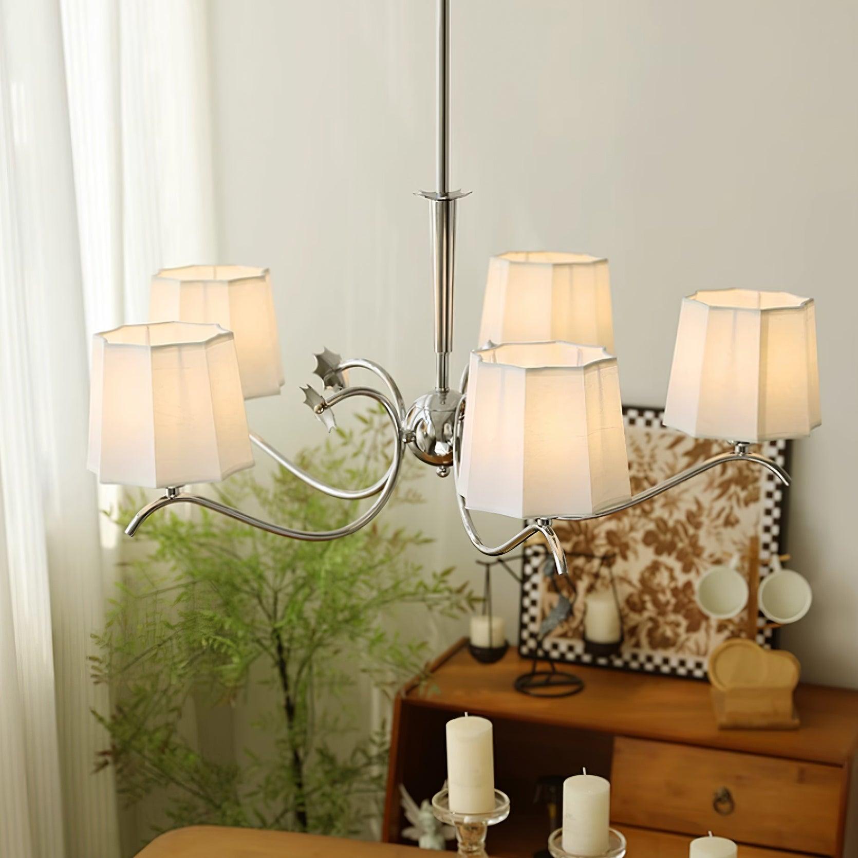 Rockville Chandelier Fabric Shades Nickel Curved Arms Elegant - Letslighting