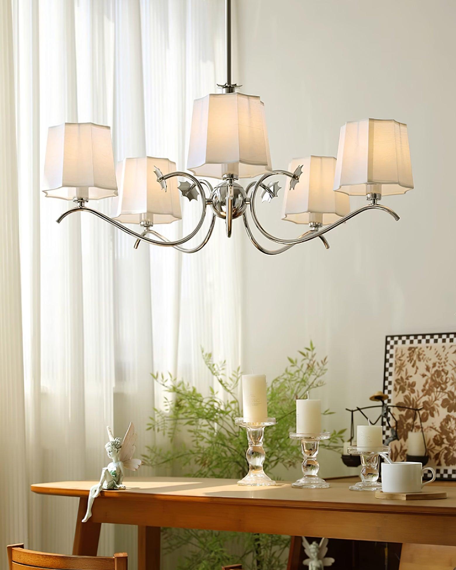 Rockville Chandelier Fabric Shades Nickel Curved Arms Elegant - Letslighting