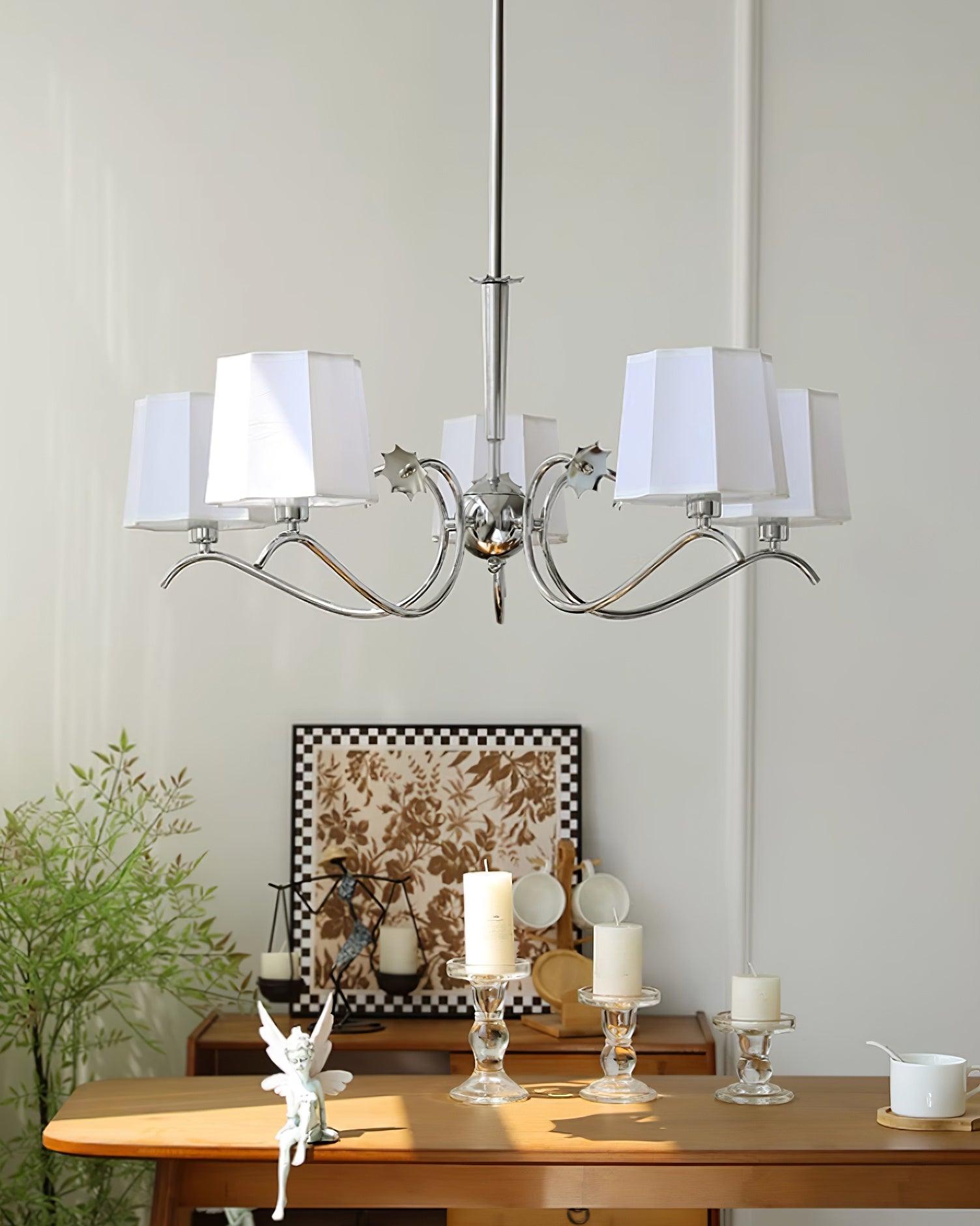 Rockville Chandelier Fabric Shades Nickel Curved Arms Elegant - Letslighting