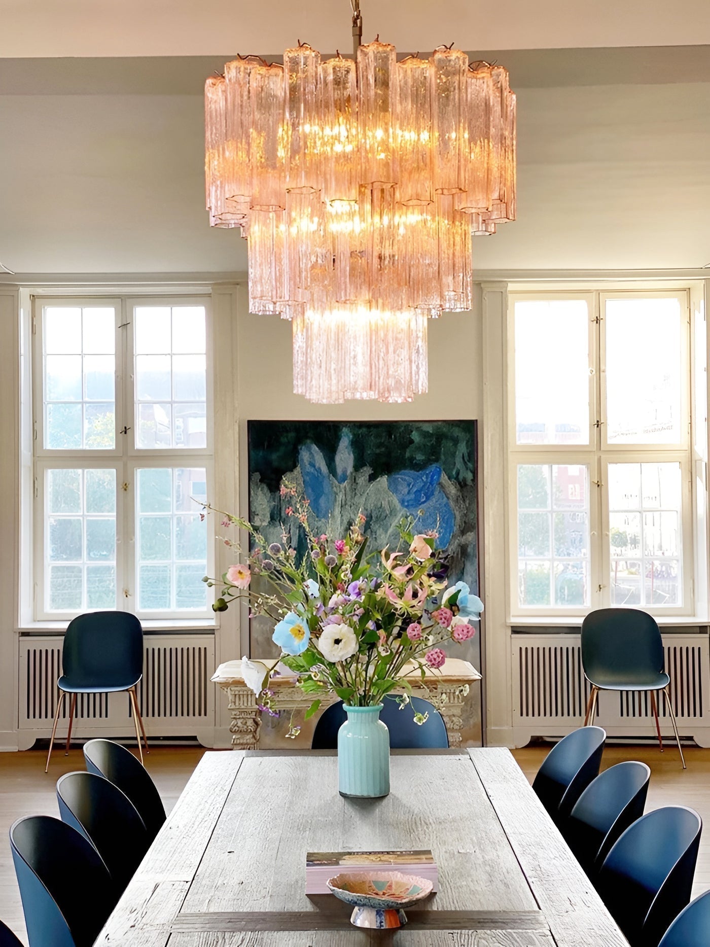 Aurora Chandelier Pink Glass Tubes Layered Modern - Letslighting