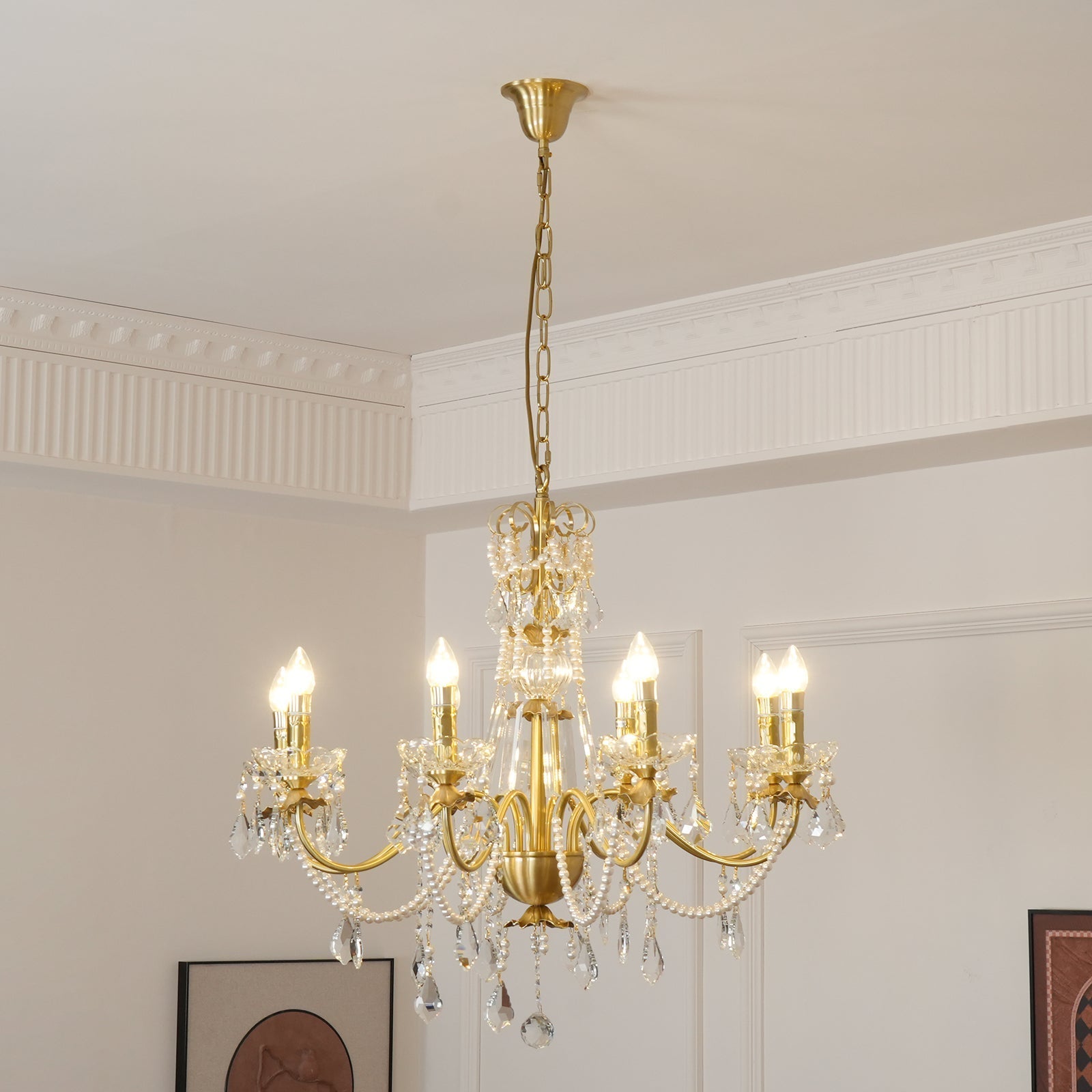 Chandelier Brass Body Crystal Pearl Drops Vintage Elegance - Letslighting