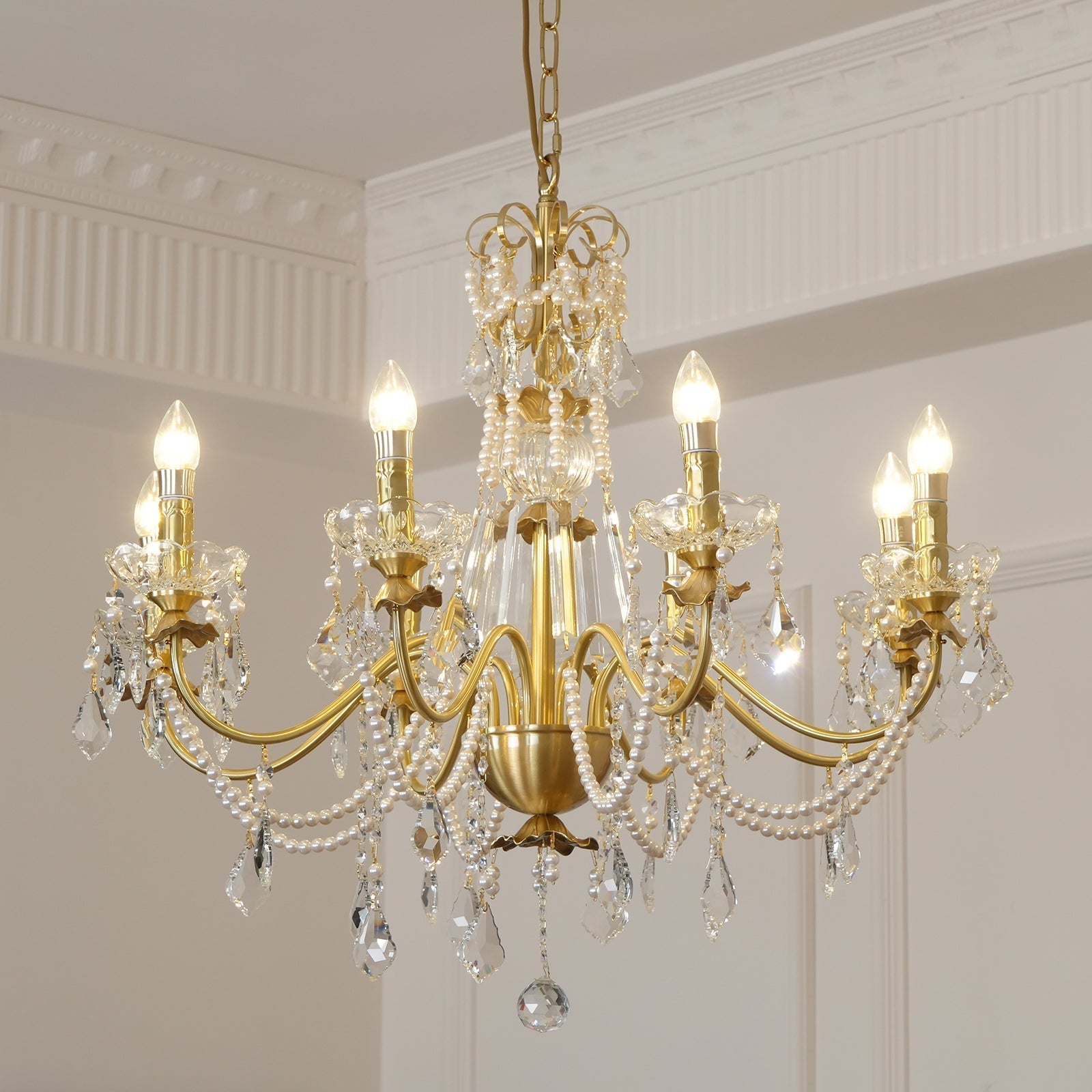 Chandelier Brass Body Crystal Pearl Drops Vintage Elegance - Letslighting
