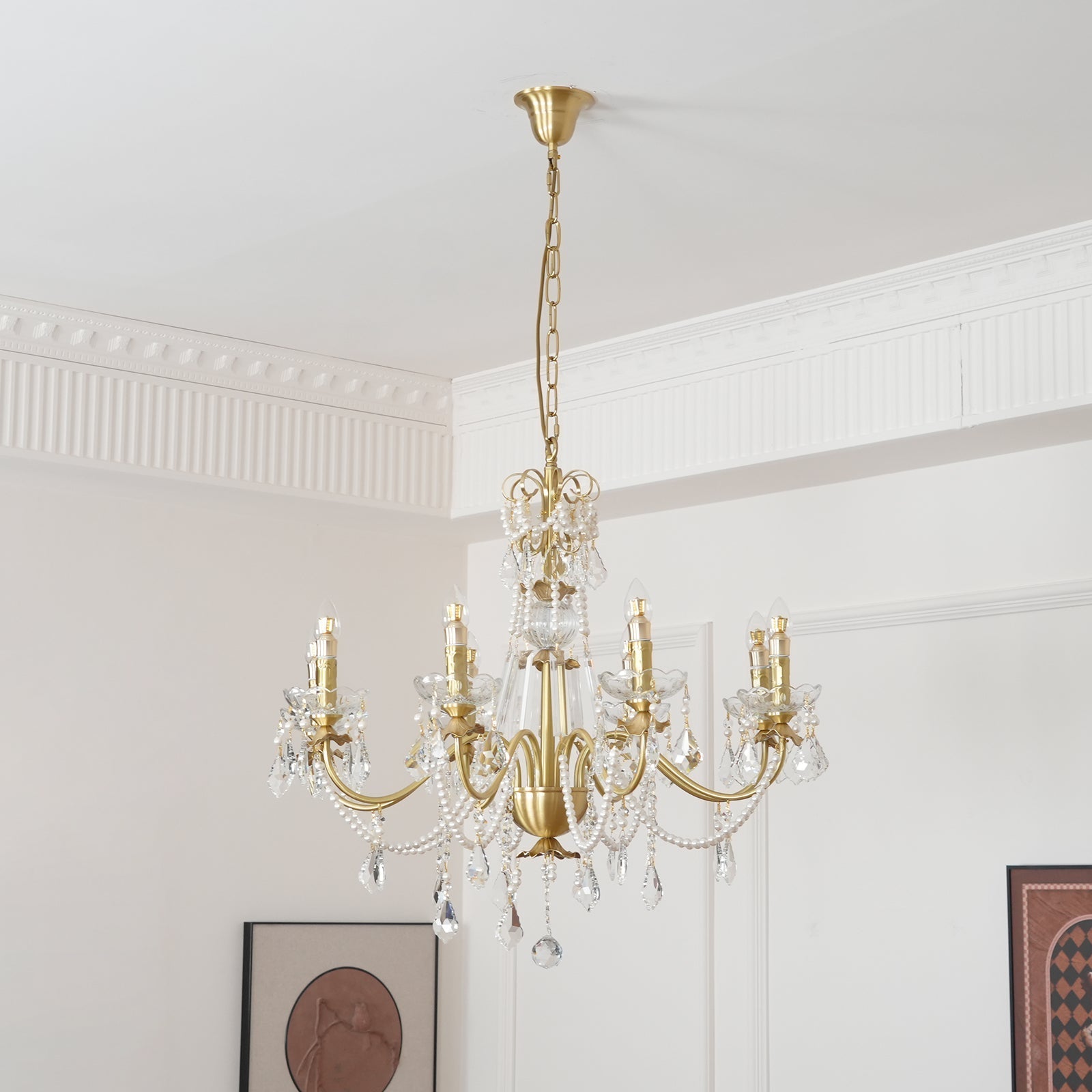Chandelier Brass Body Crystal Pearl Drops Vintage Elegance - Letslighting