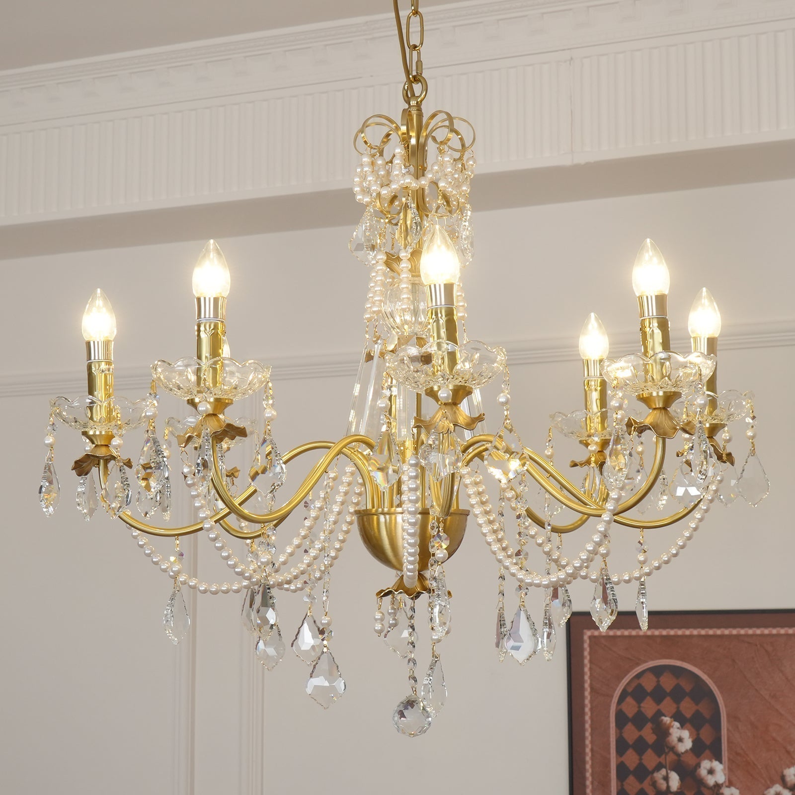 Chandelier Brass Body Crystal Pearl Drops Vintage Elegance - Letslighting