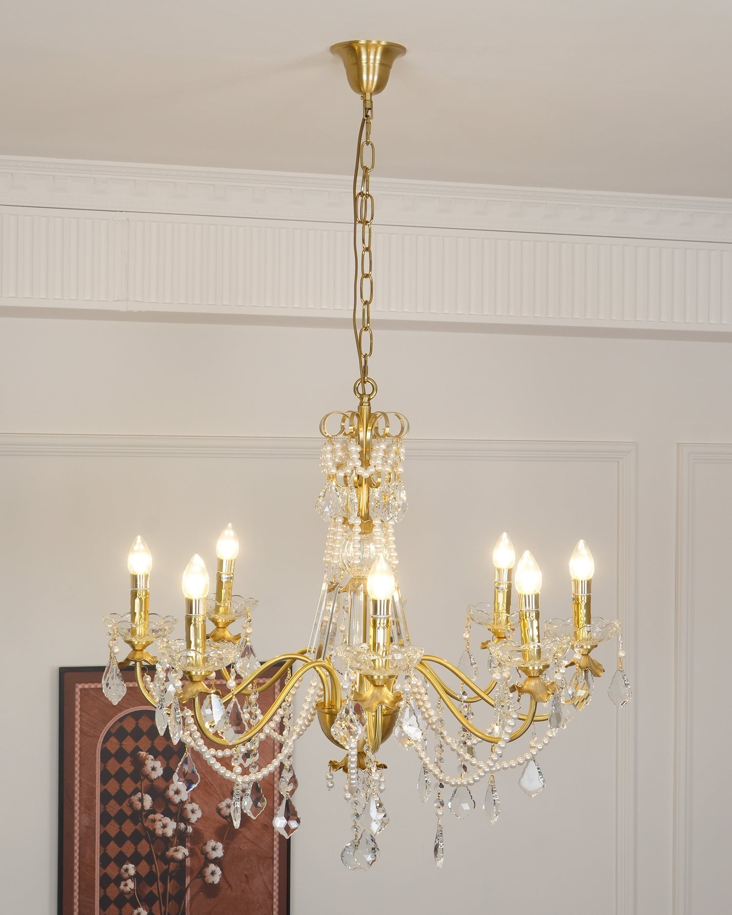 Chandelier Brass Body Crystal Pearl Drops Vintage Elegance - Letslighting