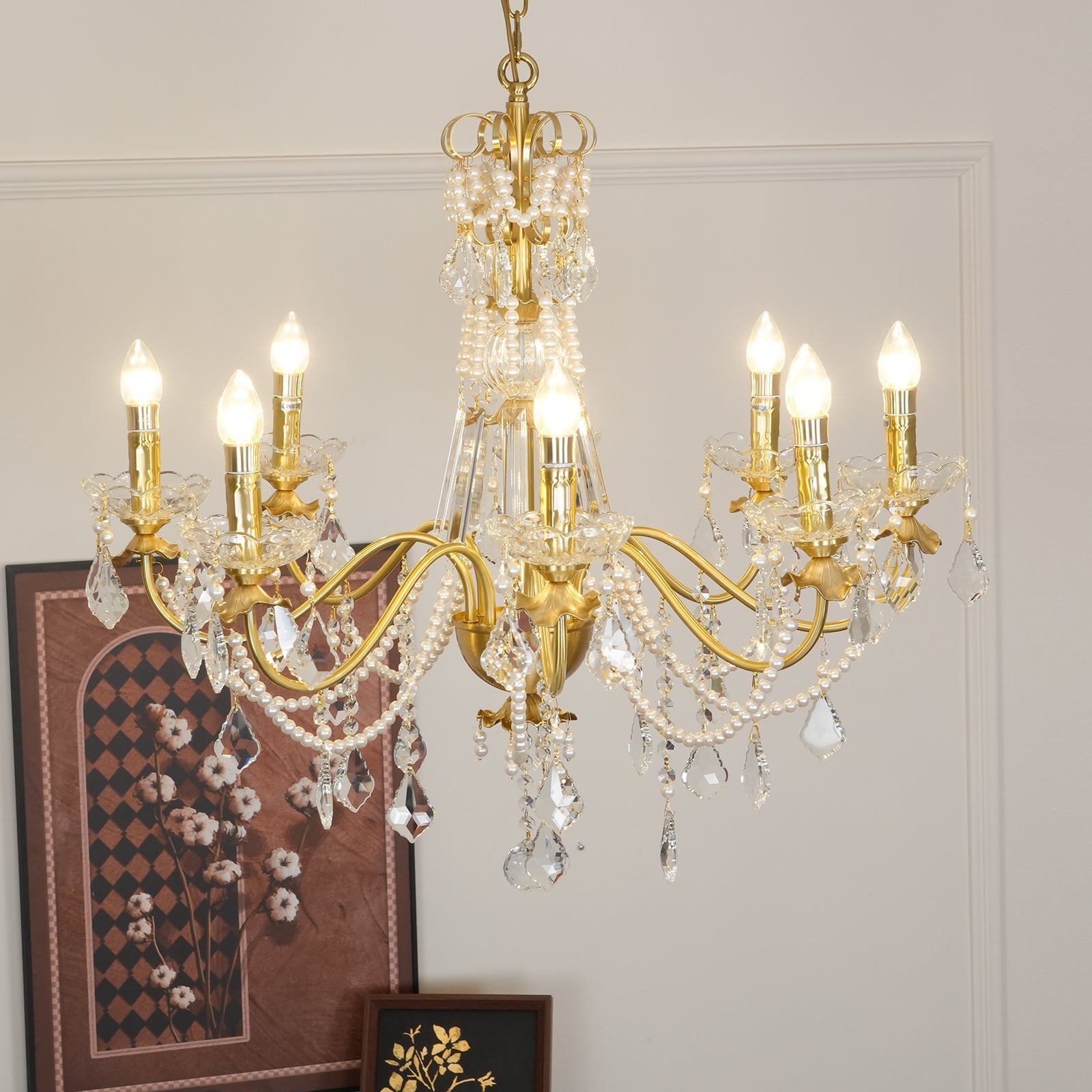 Chandelier Brass Body Crystal Pearl Drops Vintage Elegance - Letslighting