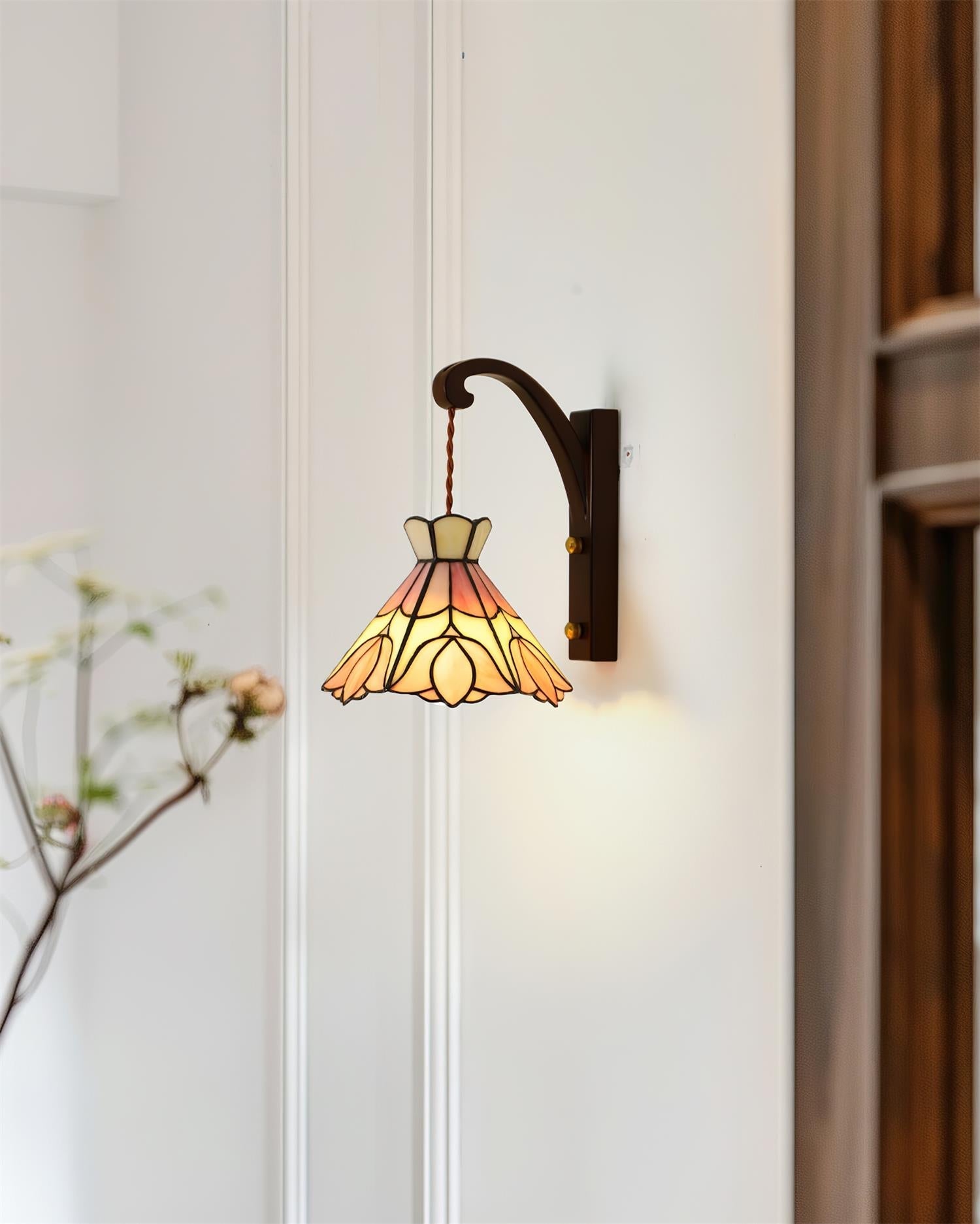 Wall Lamp Wood Body Tiffany Glass Shade Pink Floral Vintage Art - Letslighting