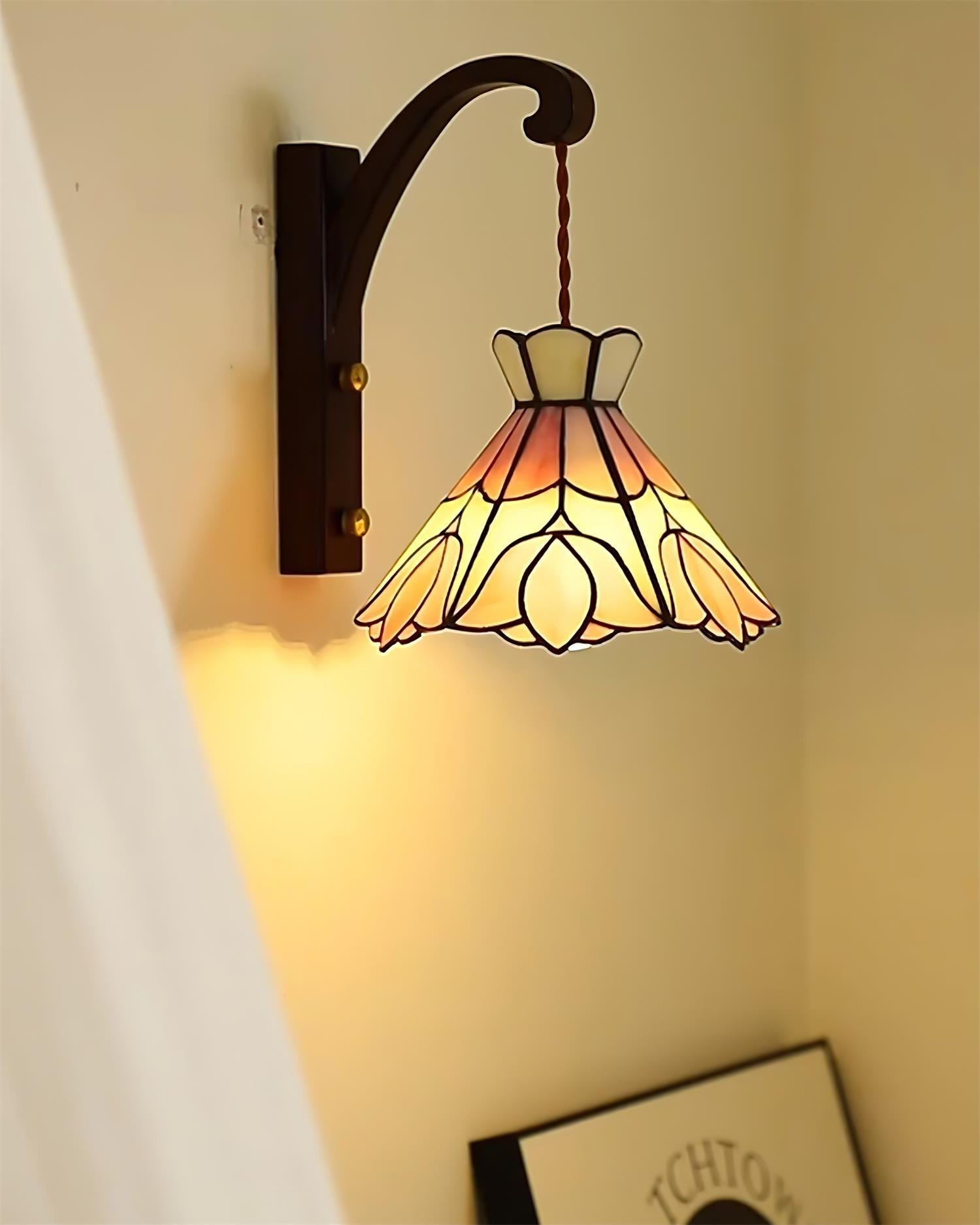 Wall Lamp Wood Body Tiffany Glass Shade Pink Floral Vintage Art - Letslighting