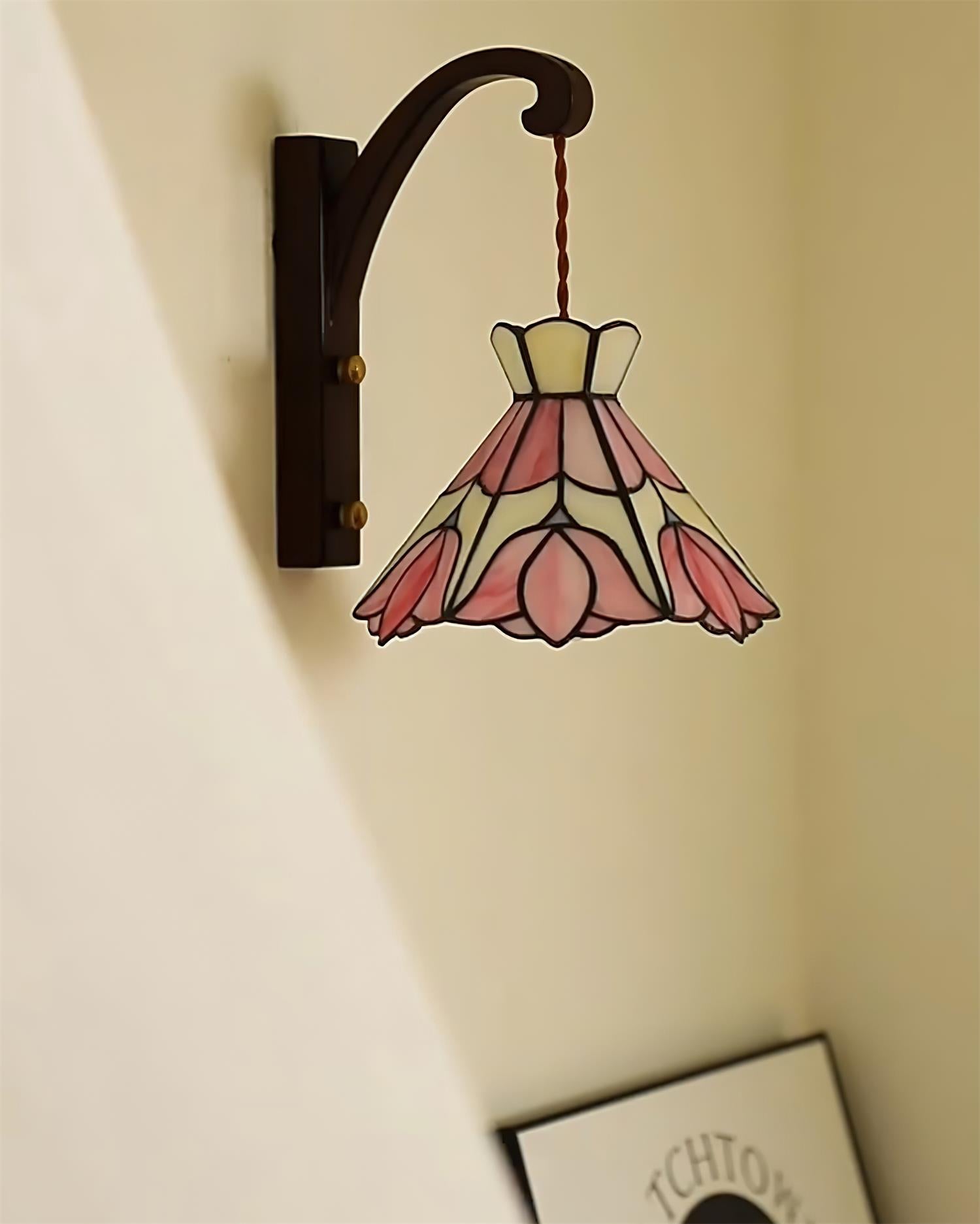 Wall Lamp Wood Body Tiffany Glass Shade Pink Floral Vintage Art - Letslighting