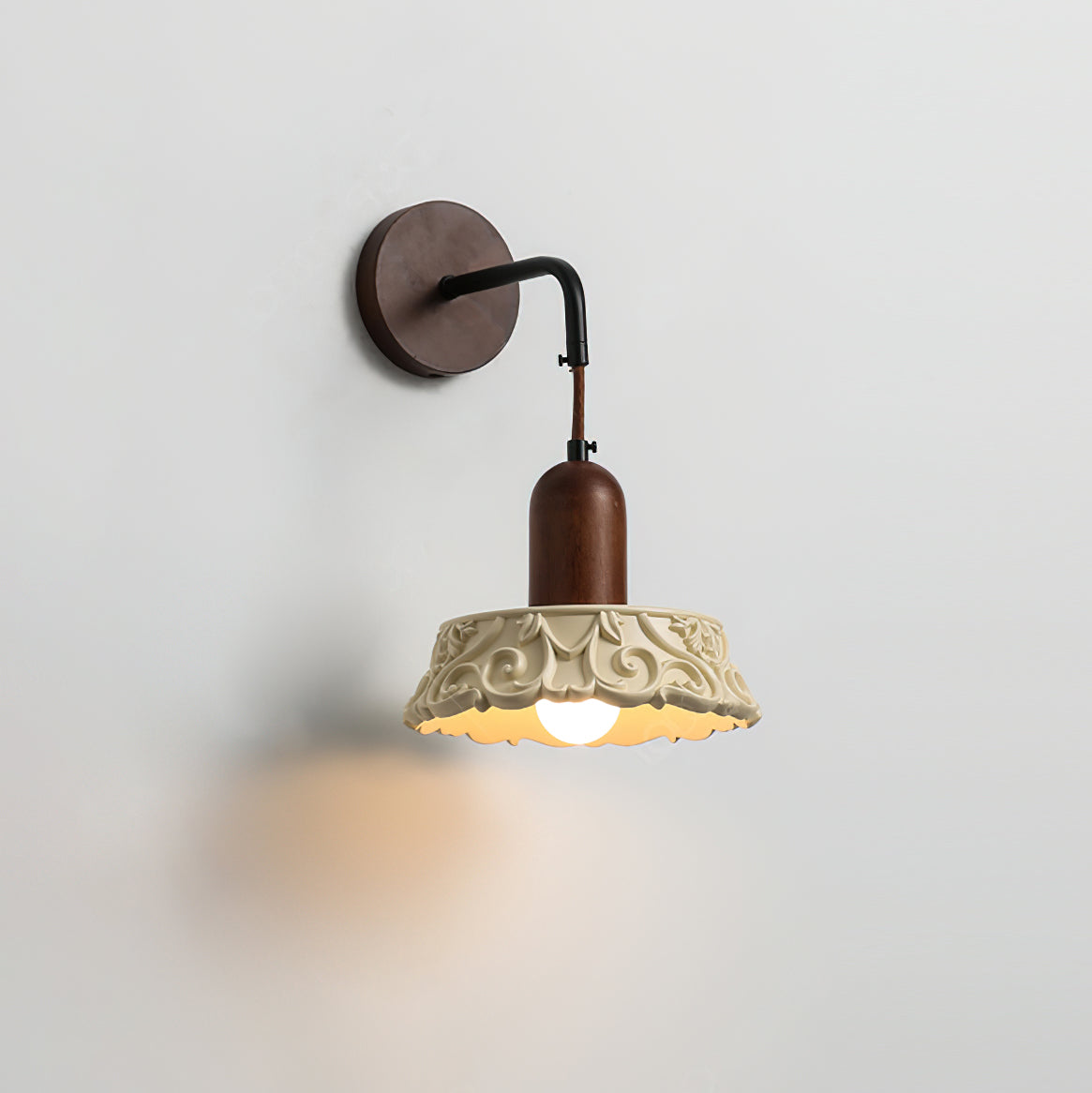 Wall Lamp with Carved Resin Shade Walnut Wood Arm Vintage - Letslighting