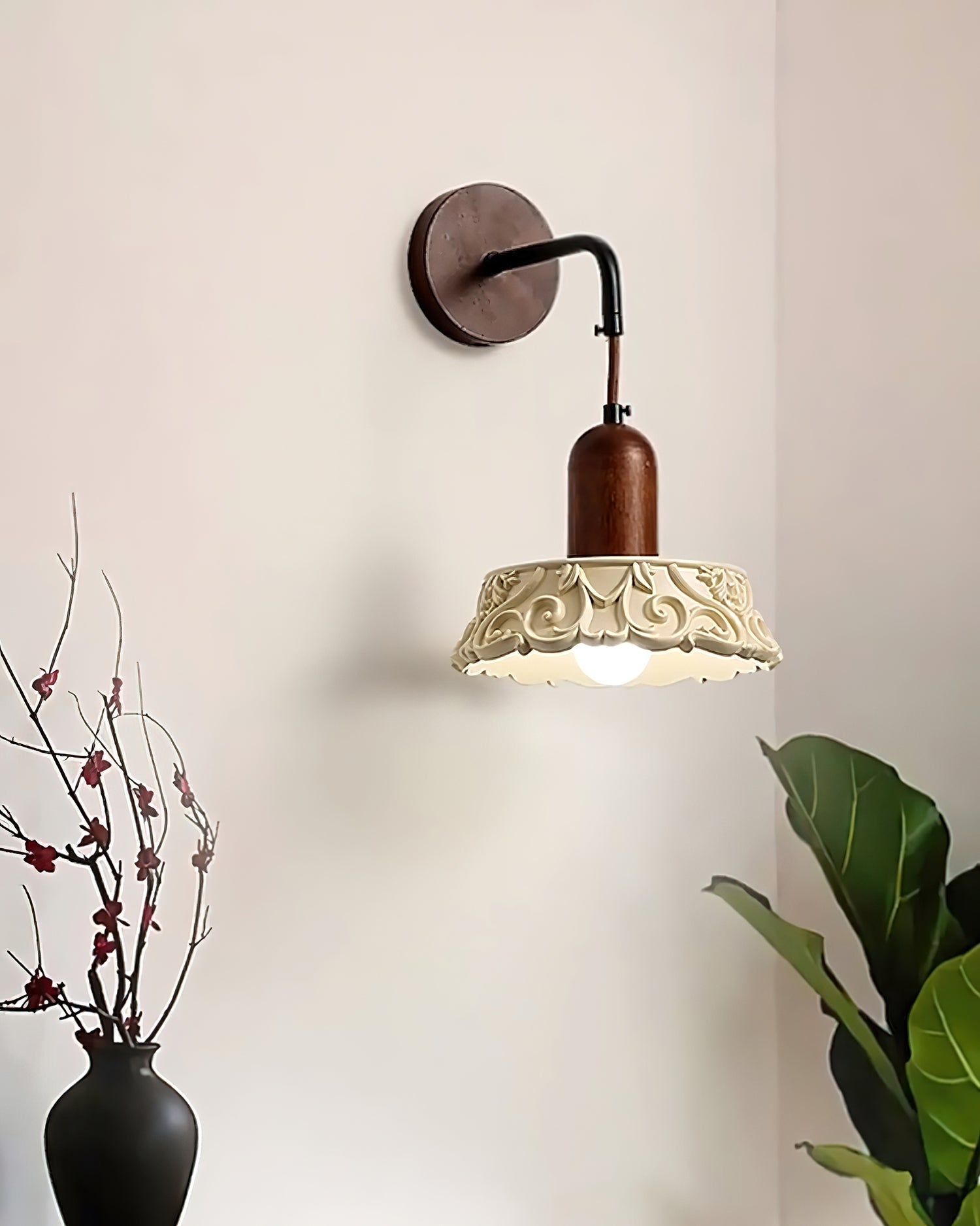 Wall Lamp with Carved Resin Shade Walnut Wood Arm Vintage - Letslighting