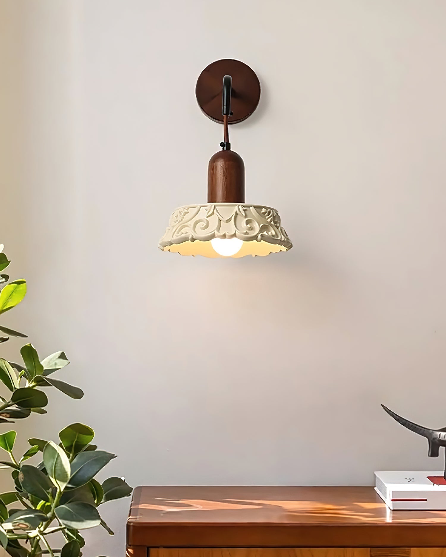 Wall Lamp with Carved Resin Shade Walnut Wood Arm Vintage - Letslighting