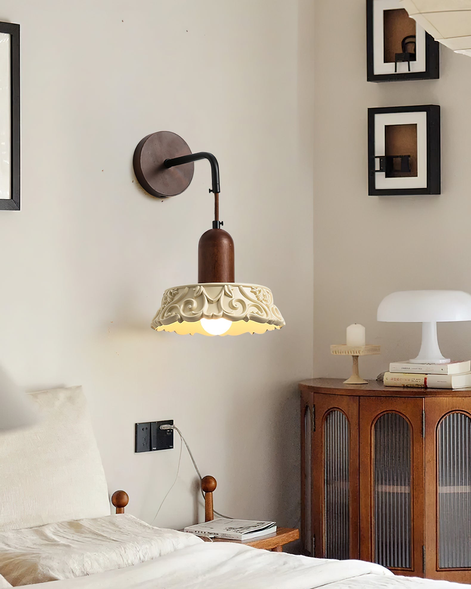 Wall Lamp with Carved Resin Shade Walnut Wood Arm Vintage - Letslighting