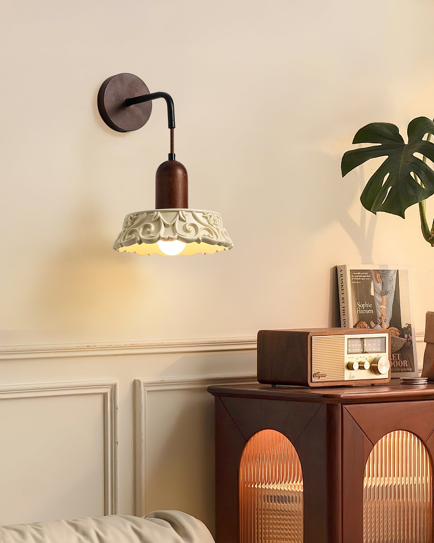 Wall Lamp with Carved Resin Shade Walnut Wood Arm Vintage - Letslighting