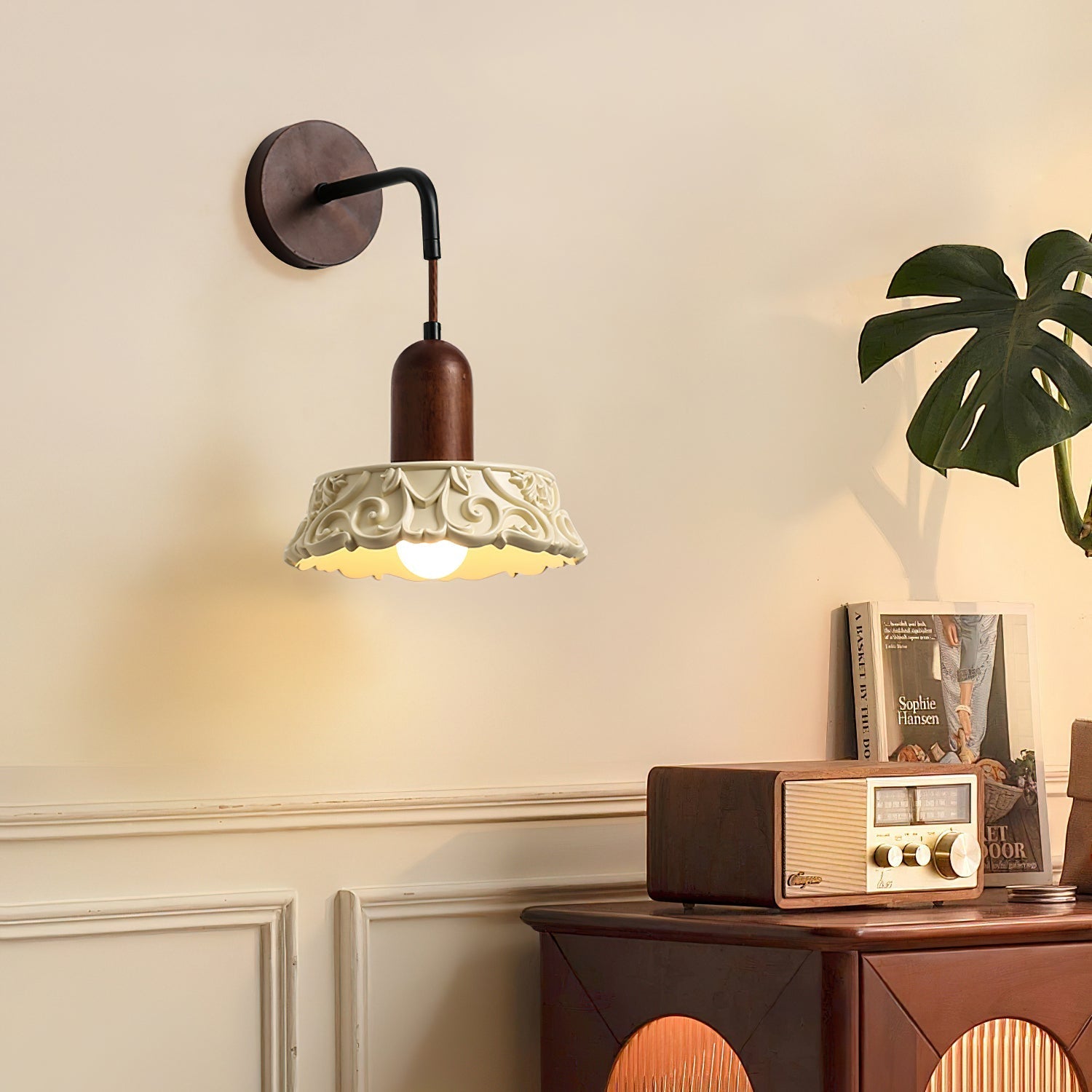 Wall Lamp with Carved Resin Shade Walnut Wood Arm Vintage - Letslighting