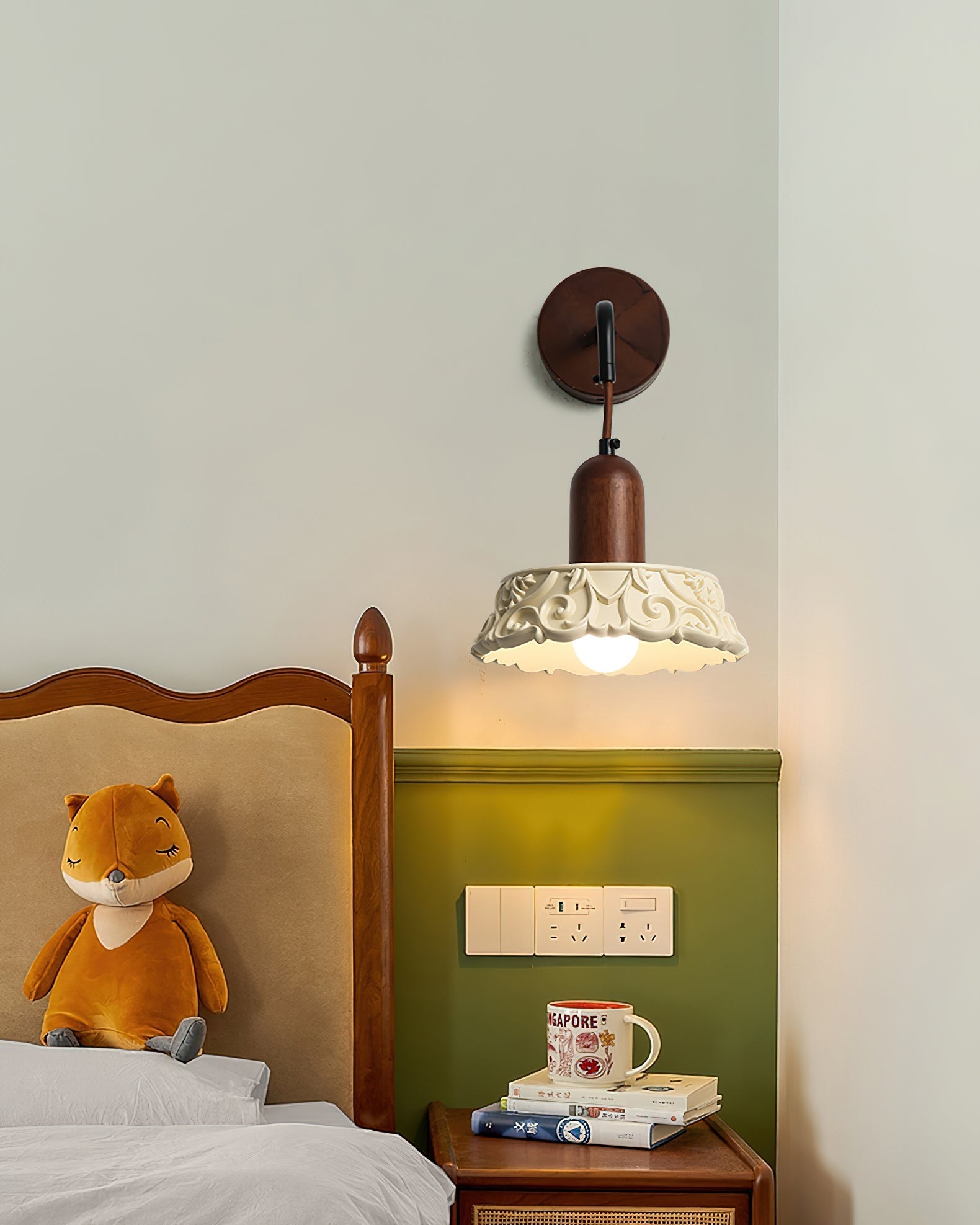 Wall Lamp with Carved Resin Shade Walnut Wood Arm Vintage - Letslighting