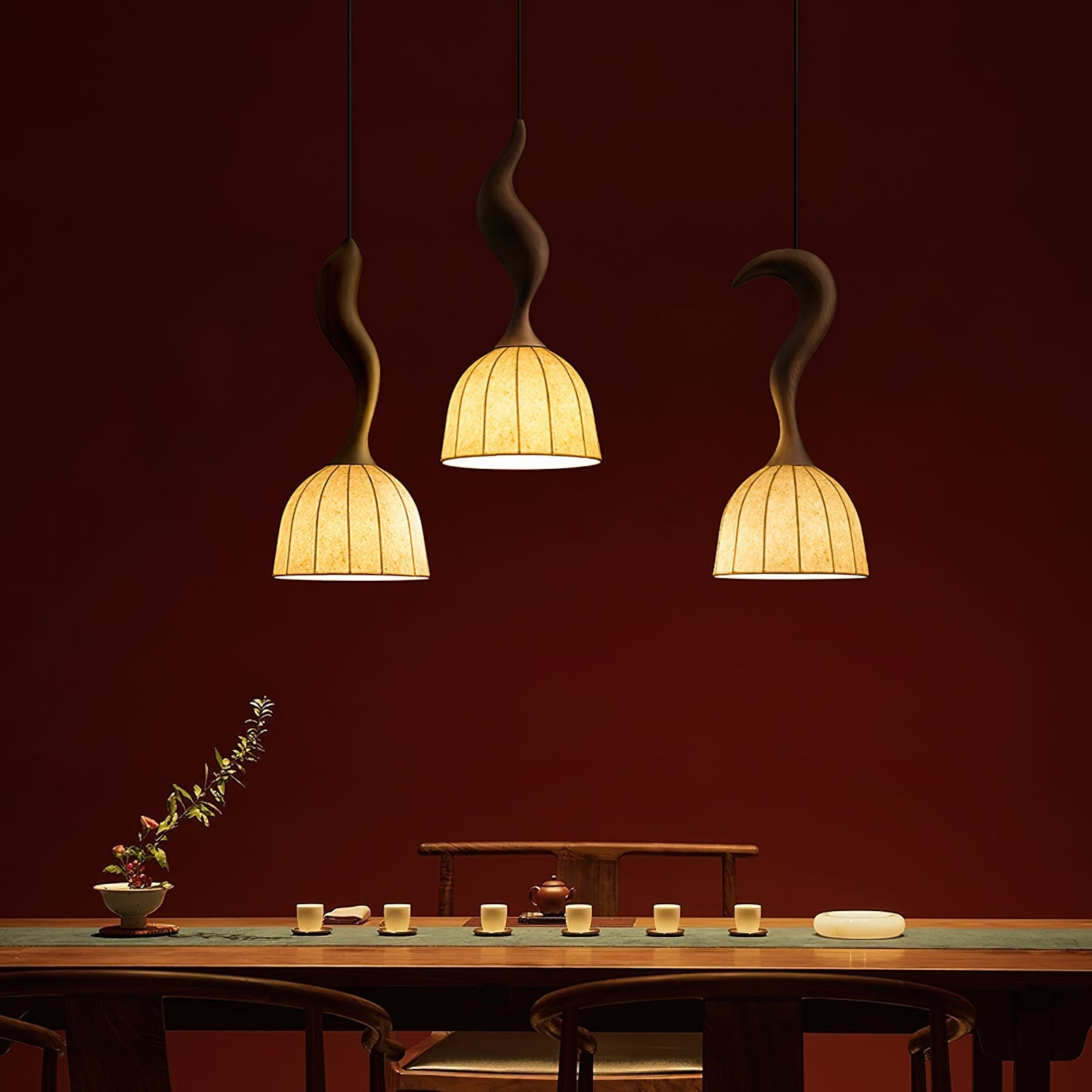 Solia Pendant Lamp Curved Stem & Fabric Wooden - Letslighting