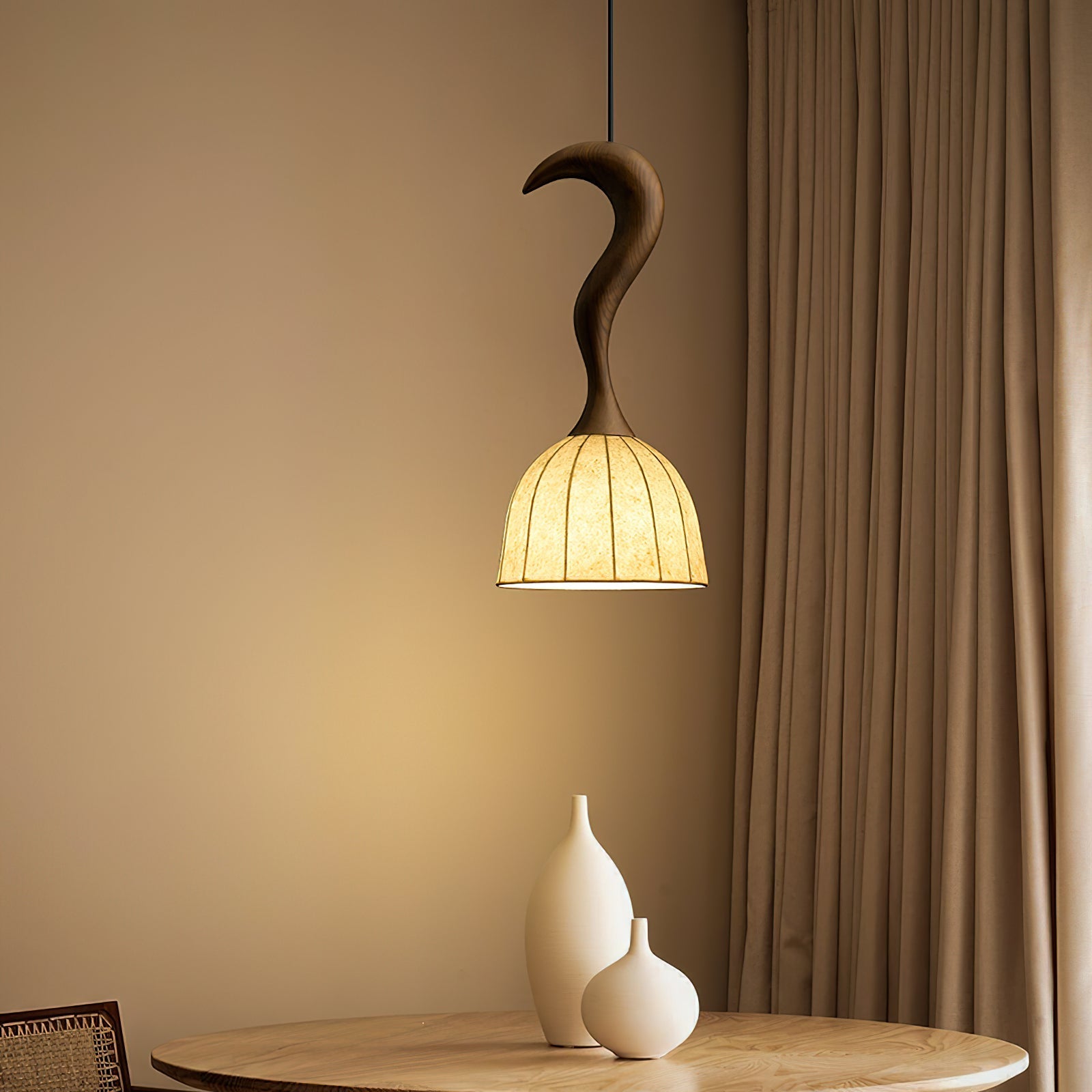 Solia Pendant Lamp Curved Stem & Fabric Wooden - Letslighting