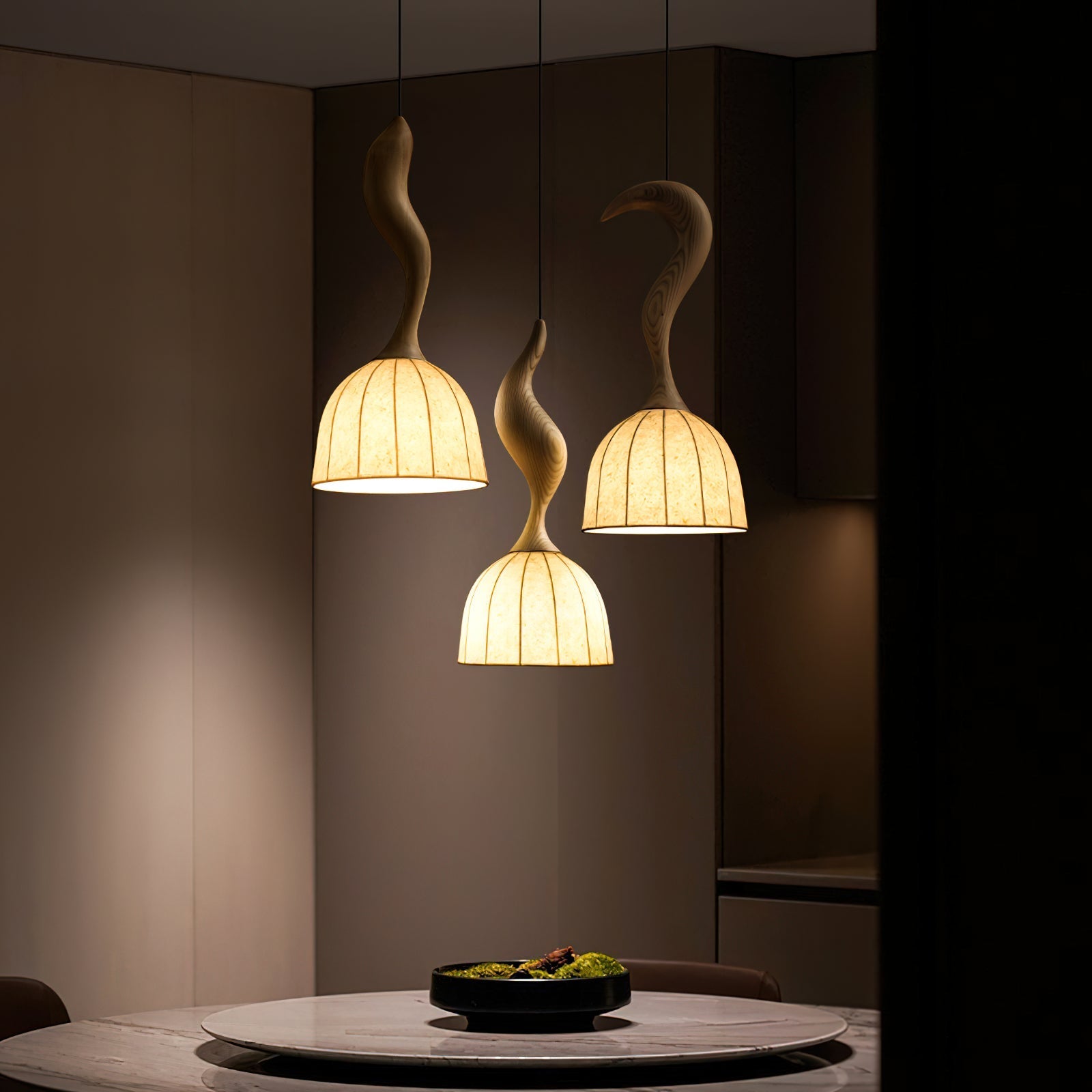 Solia Pendant Lamp Curved Stem & Fabric Wooden - Letslighting